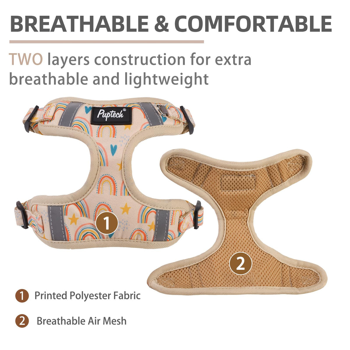 PUPTECK Animal Harness in L (25-33lbs, Chest 20"-25"), #2 Beige(Rainbow Print)