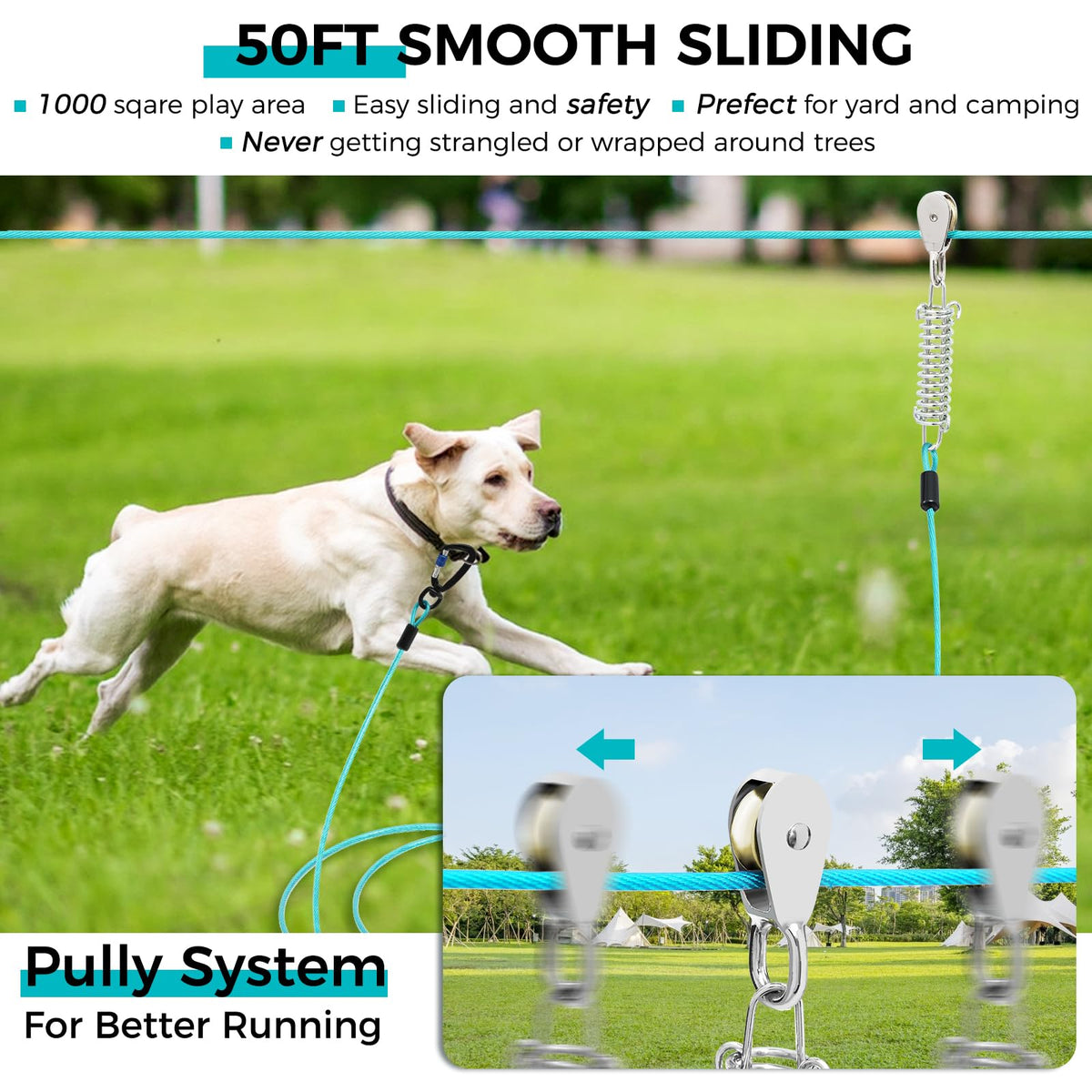 Snagle Paw Leash in 50ft run cable+10ft tie out cable, Teal for 250lbs dogs