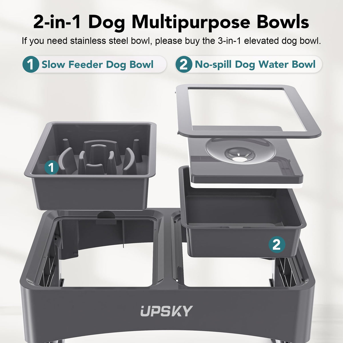 UPSKY Pet Feeder in A-Water Bowl+Slow Feeder (Grey)