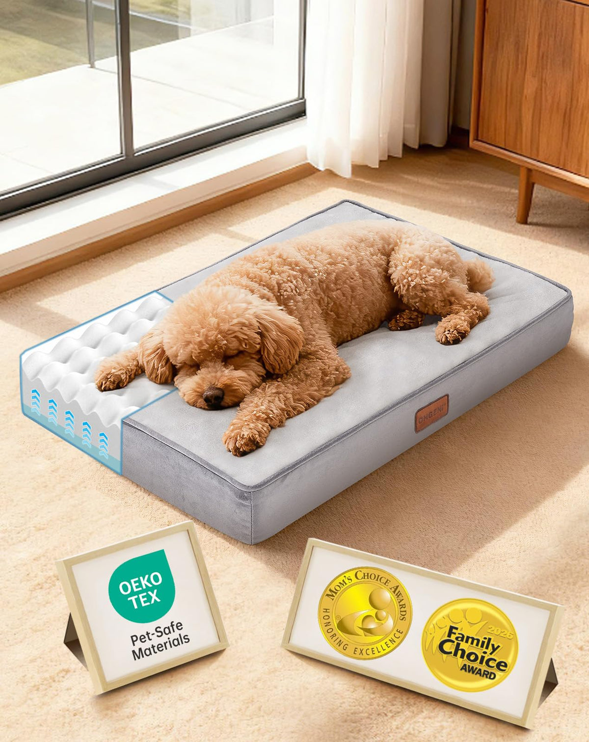 OhGeni Pet Bed Mat in 24"x 16"x 3” (For Sprawling), 01-Gray