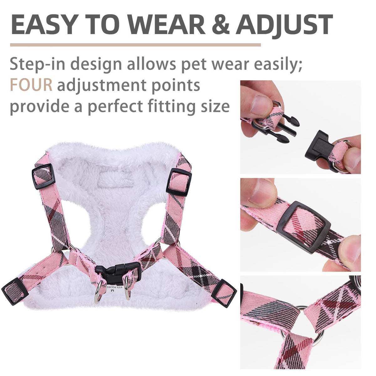 PUPTECK Animal Harness in M (17-25lbs, Chest 17"-21"), #3 Pink(Plush Plaid)