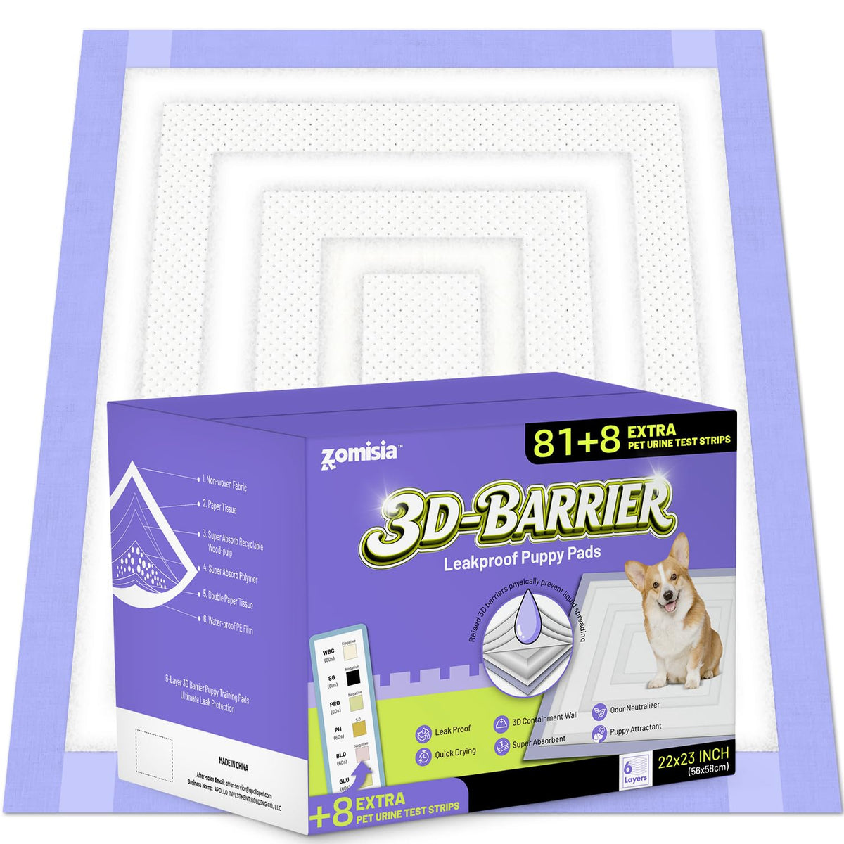 ZOMISIA Disposable Incontinence Surface Protector in 22"x23" - 81 Count + 8 Pet Urine Test Strips, Purple