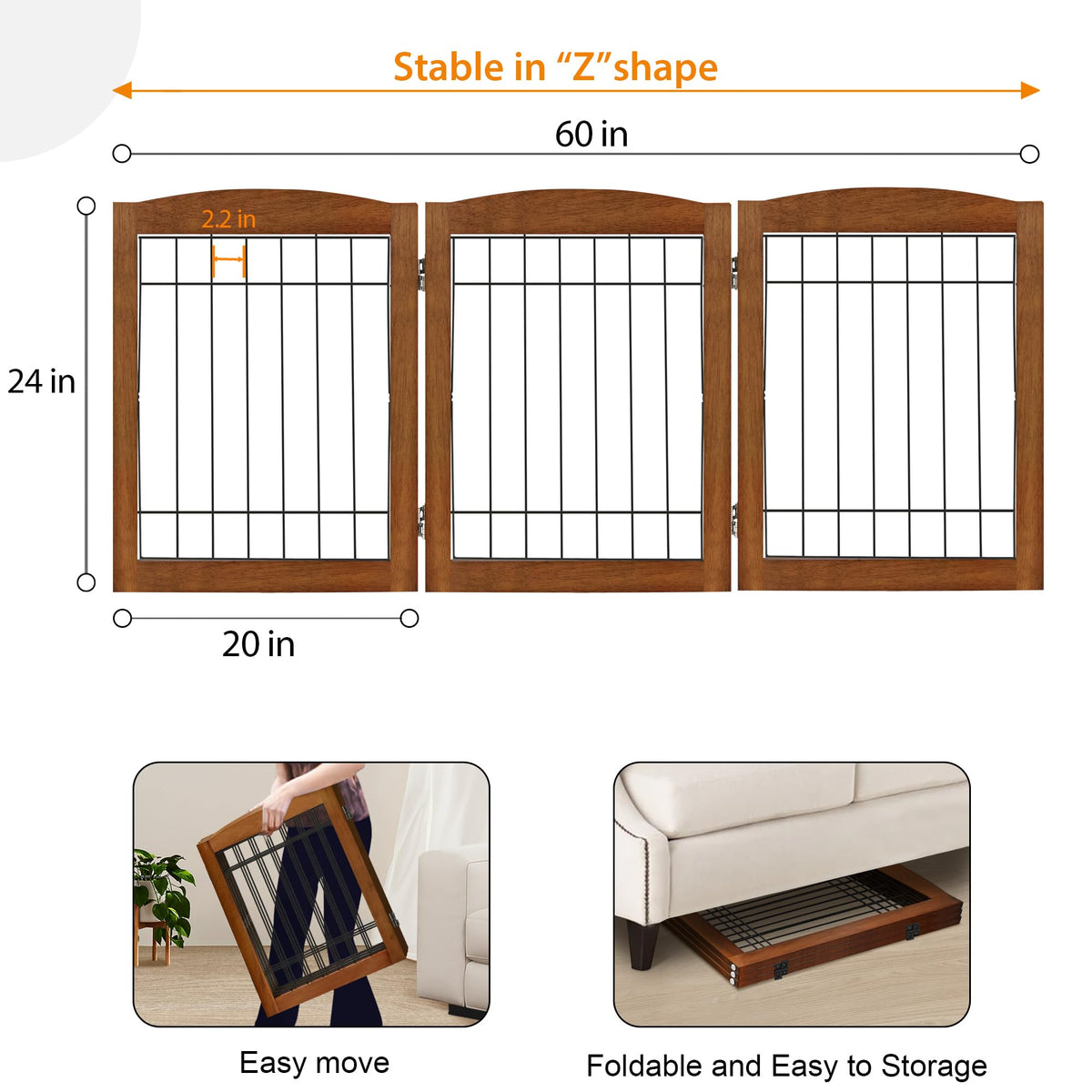 LZRS Temporary Gate in 24"Height-3 Panel, Oak Cherry