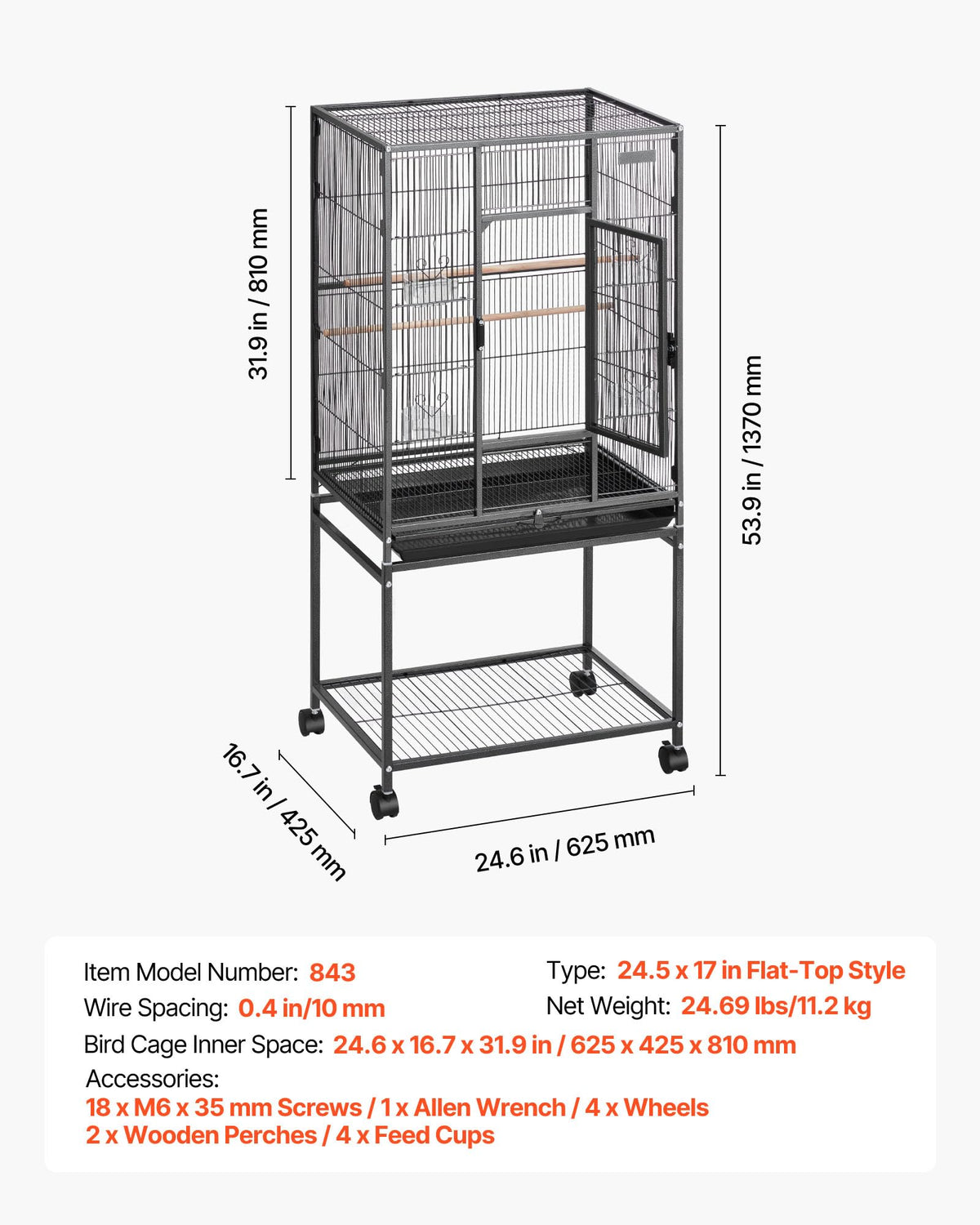 VEVOR Animal Cage in 24.6"L x 16.7"W x 53.9"H, Black