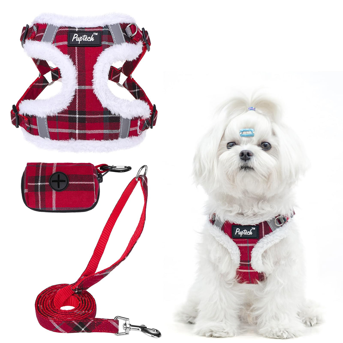 PUPTECK Animal Harness in XS (9-13lbs, Chest 14"-16"), #3 Red(Plush Plaid)