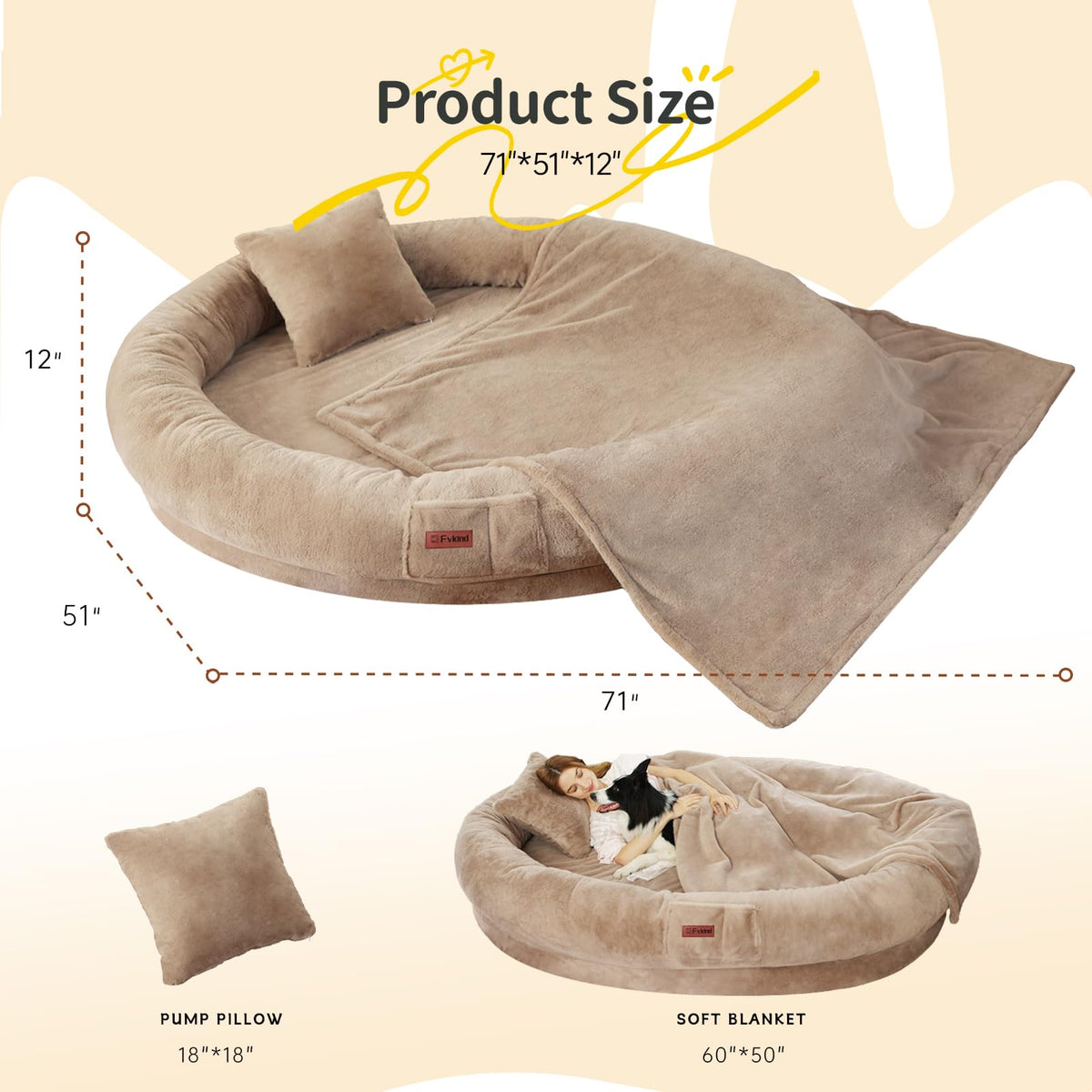 Fvkind Pet Bed Mat in 71"Lx51"Wx12"Th, Khaki