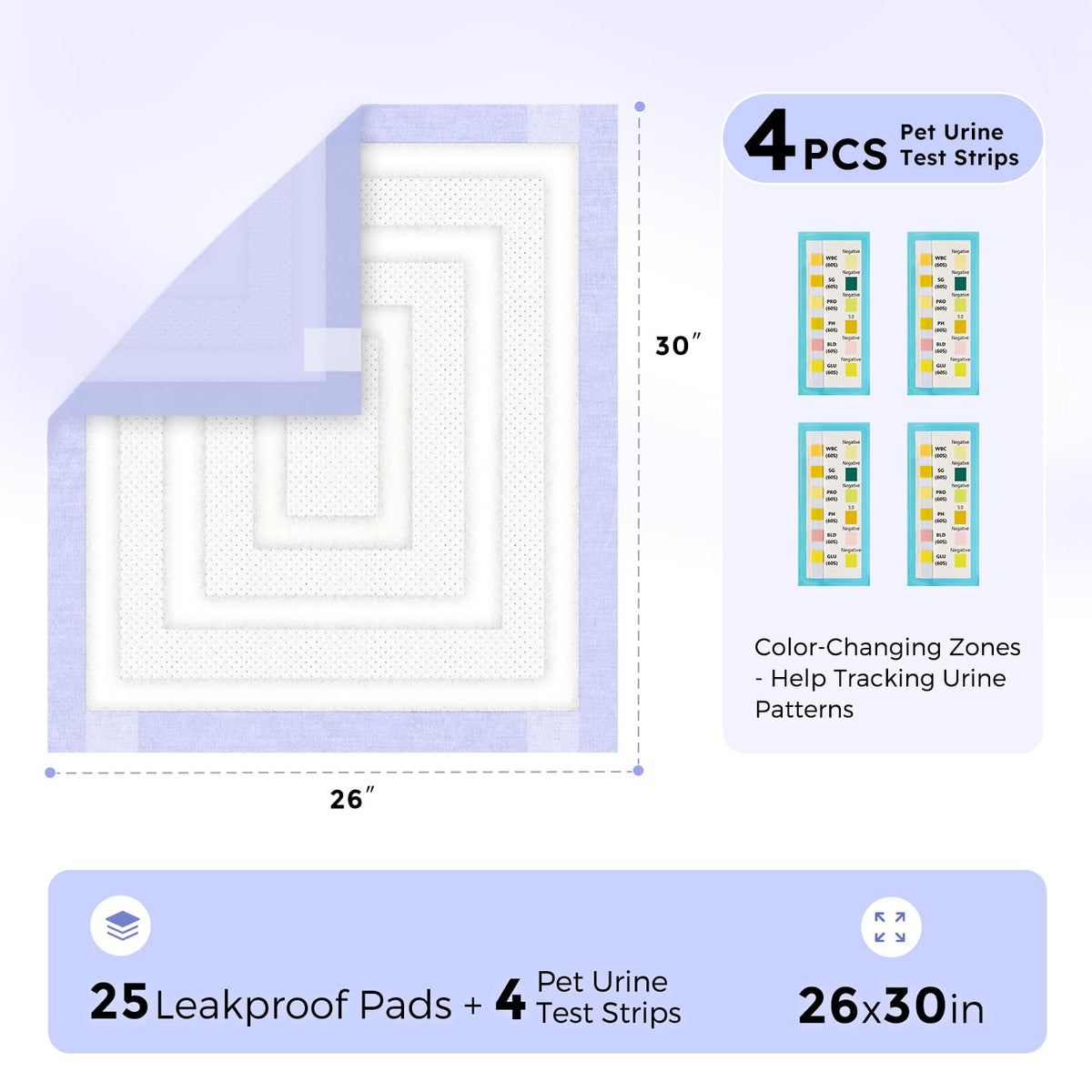ZOMISIA Disposable Incontinence Surface Protector in 26"x30" - 25 Count + 4 Pet Urine Test Strips, Purple