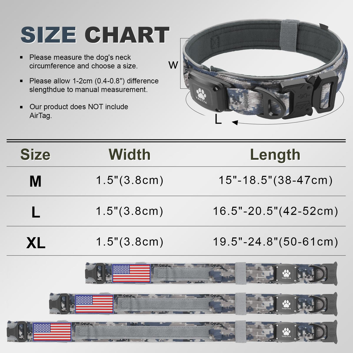 YaoTya Animal Collar in M(15"-18.5"), Camouflage Grey