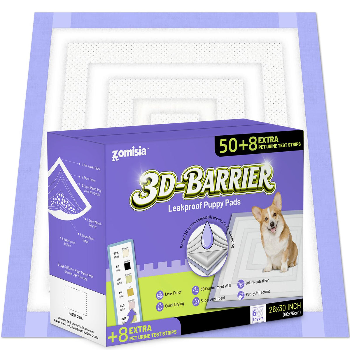 ZOMISIA Disposable Incontinence Surface Protector in 26"x30" - 50 Count + 8 Pet Urine Test Strips, Purple