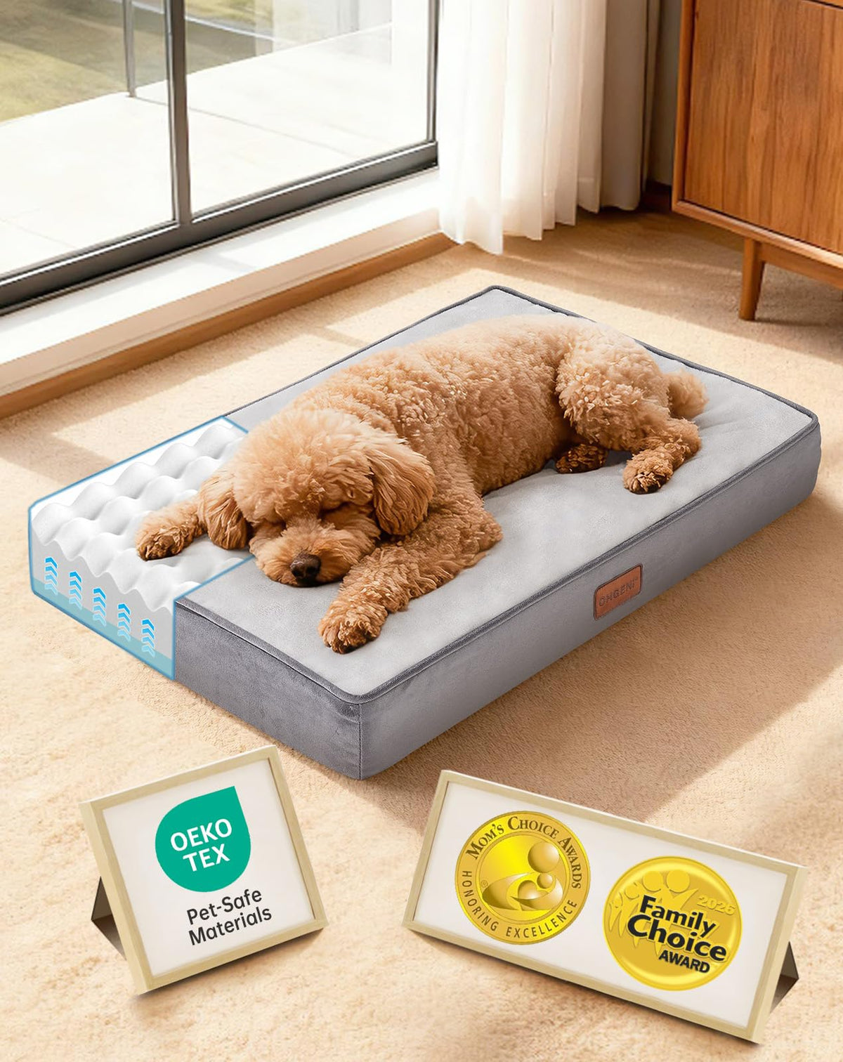 OhGeni Pet Bed Mat in 24"x 16"x 3” (For Sprawling), 01-Gray