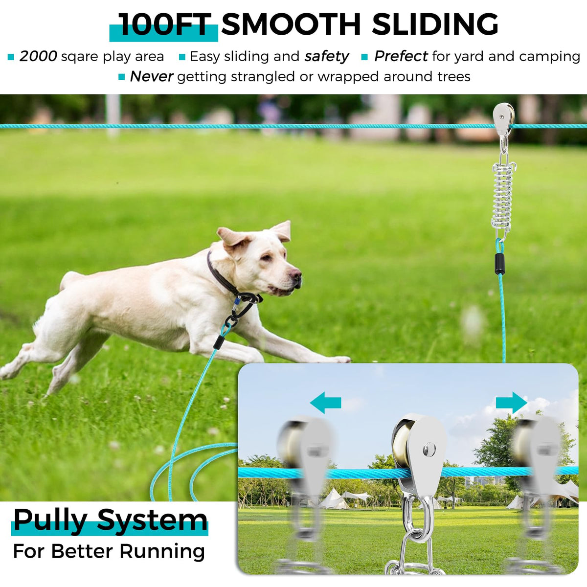 Snagle Paw Leash in 100ft run cable+10ft tie out cable, Teal for 250lbs dogs