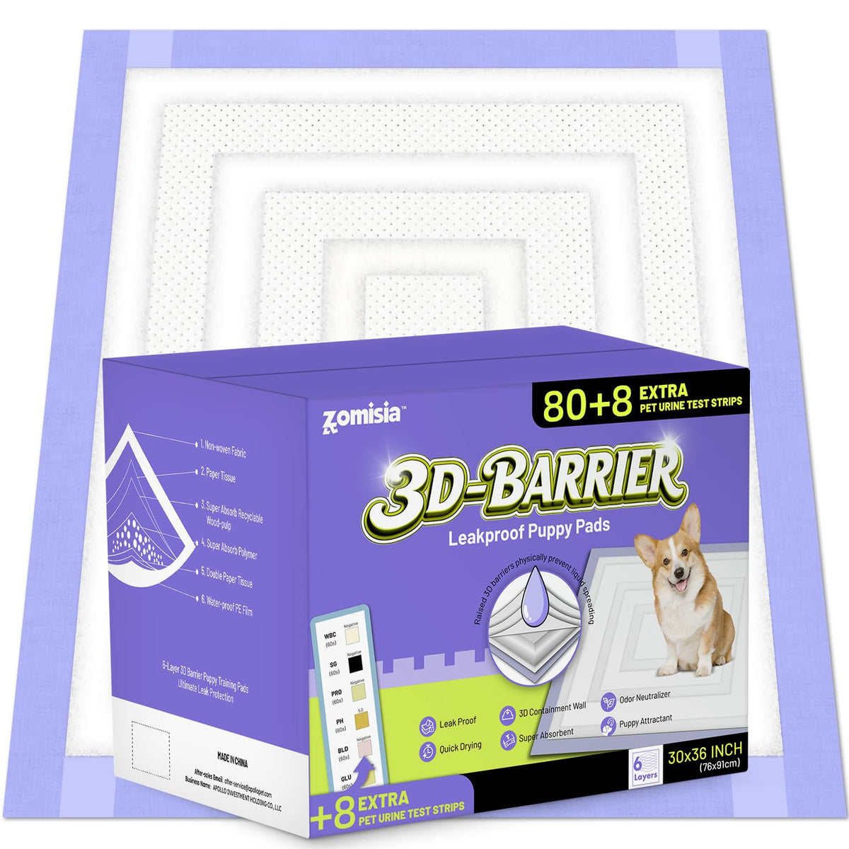 ZOMISIA Disposable Incontinence Surface Protector in 30"x36" - 80 Count + 8 Pet Urine Test Strips, Purple