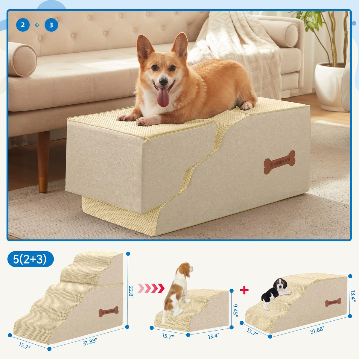 Nordjager Animal Stair in 31.8"D x 15.7"W x 22.8"H, Beige