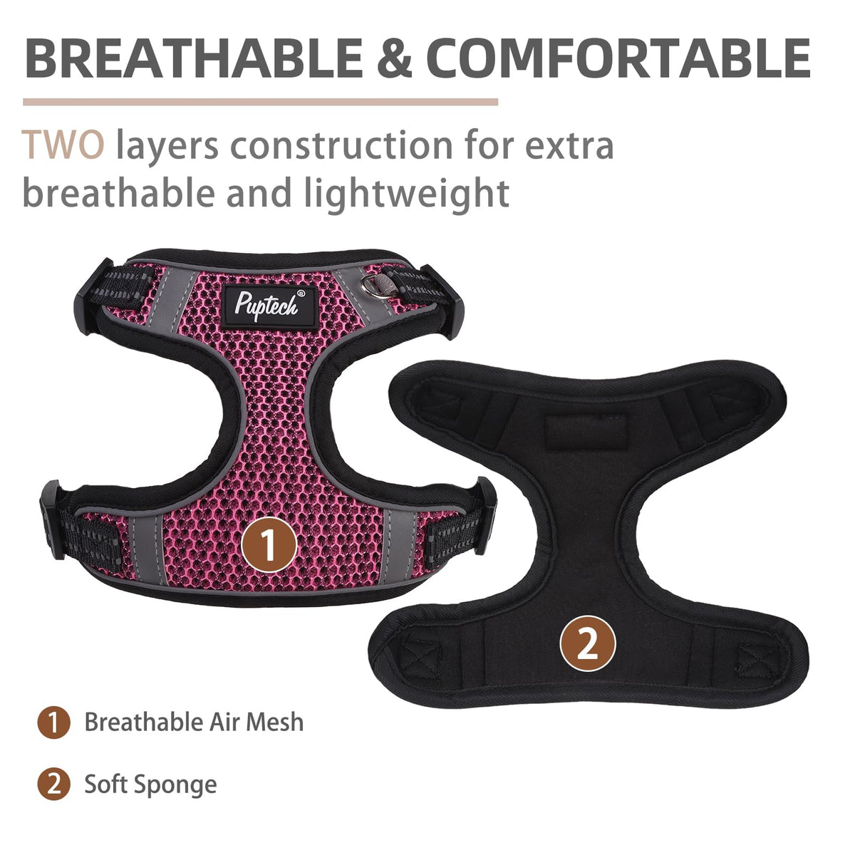 PUPTECK Animal Harness in S (13-17lbs, Chest 15"-18"), #1 HotPink(Breathable Mesh)