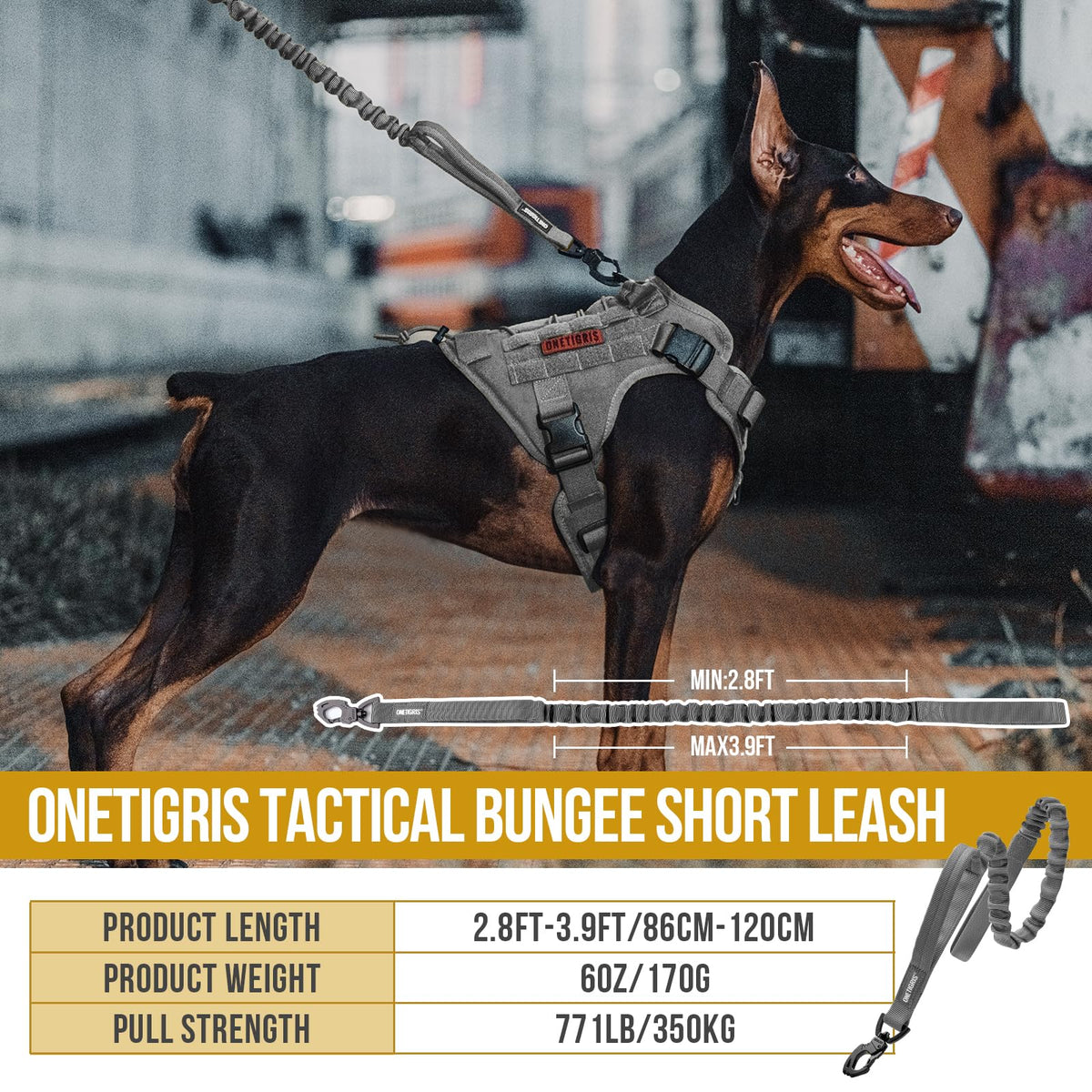 ONETIGRIS Leash in 85cm-118cm/33.5in-46.5in, Grey