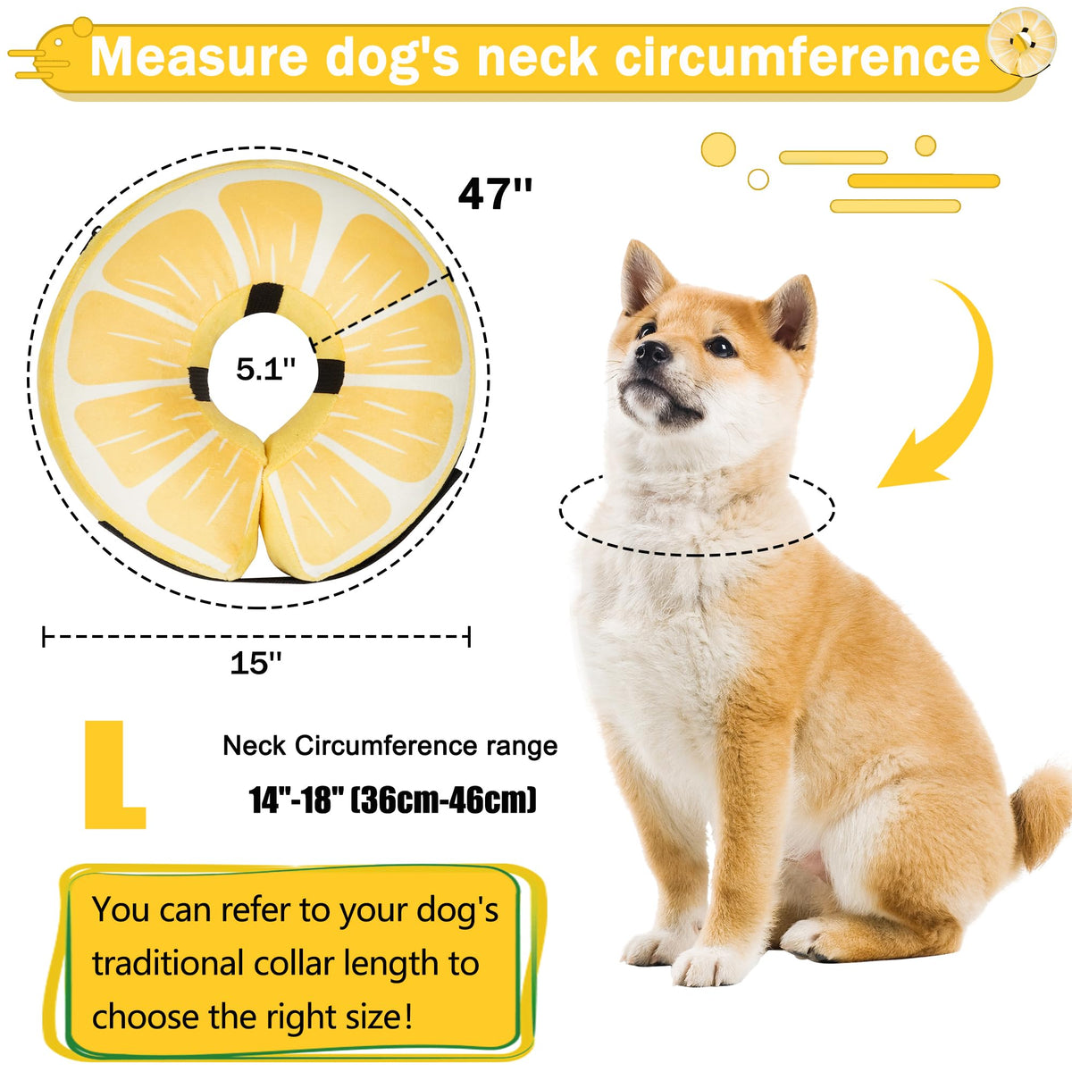 Cneo Animal Recovery Collar Cone in L（neck 14"-18"）, Lemon