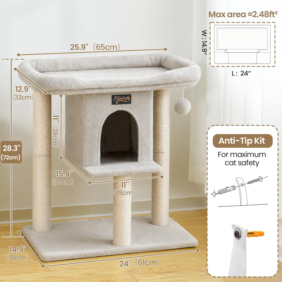 Feliskyn Pet Activity Structure in 28 Inches, Light Grey