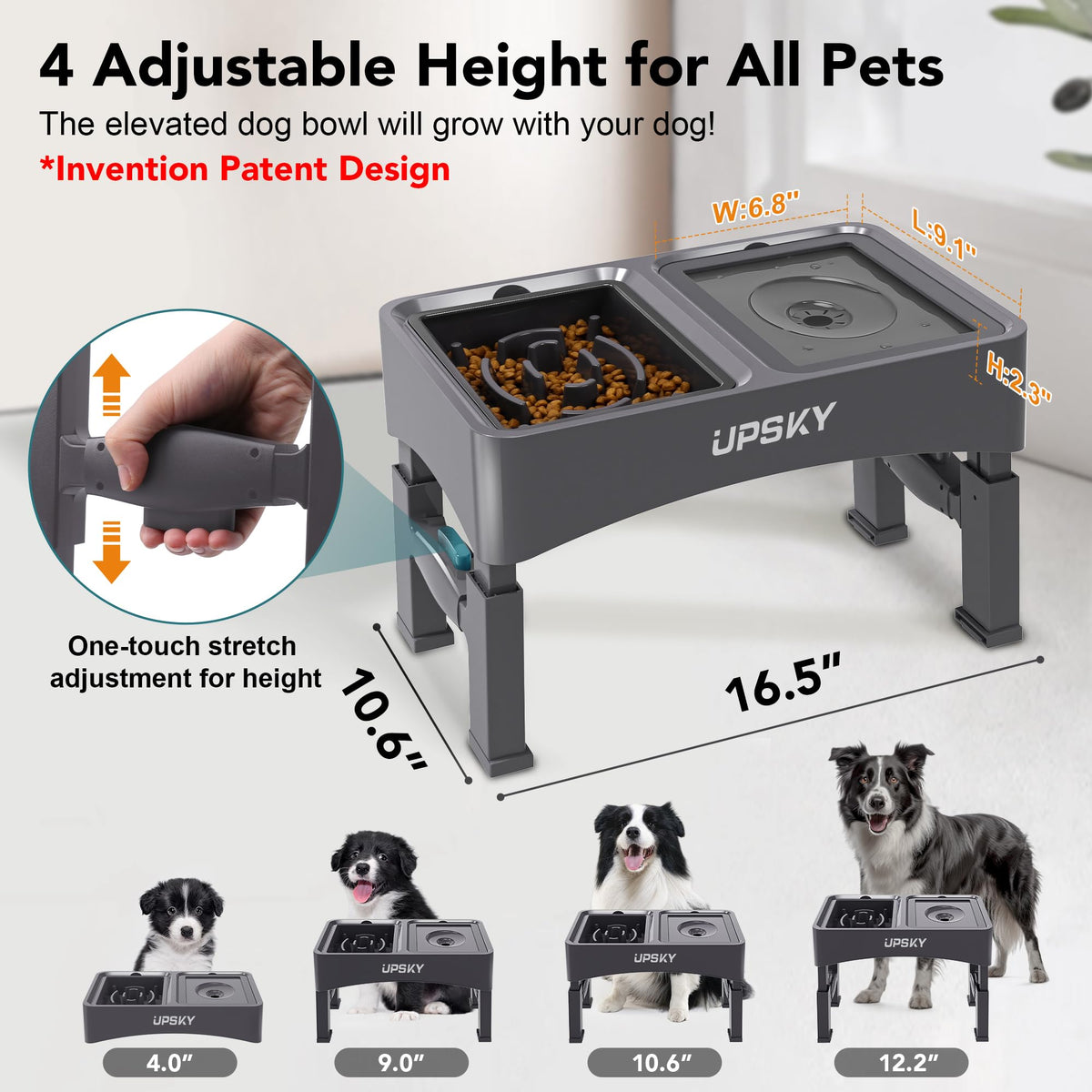 UPSKY Pet Feeder in A-Water Bowl+Slow Feeder (Grey)