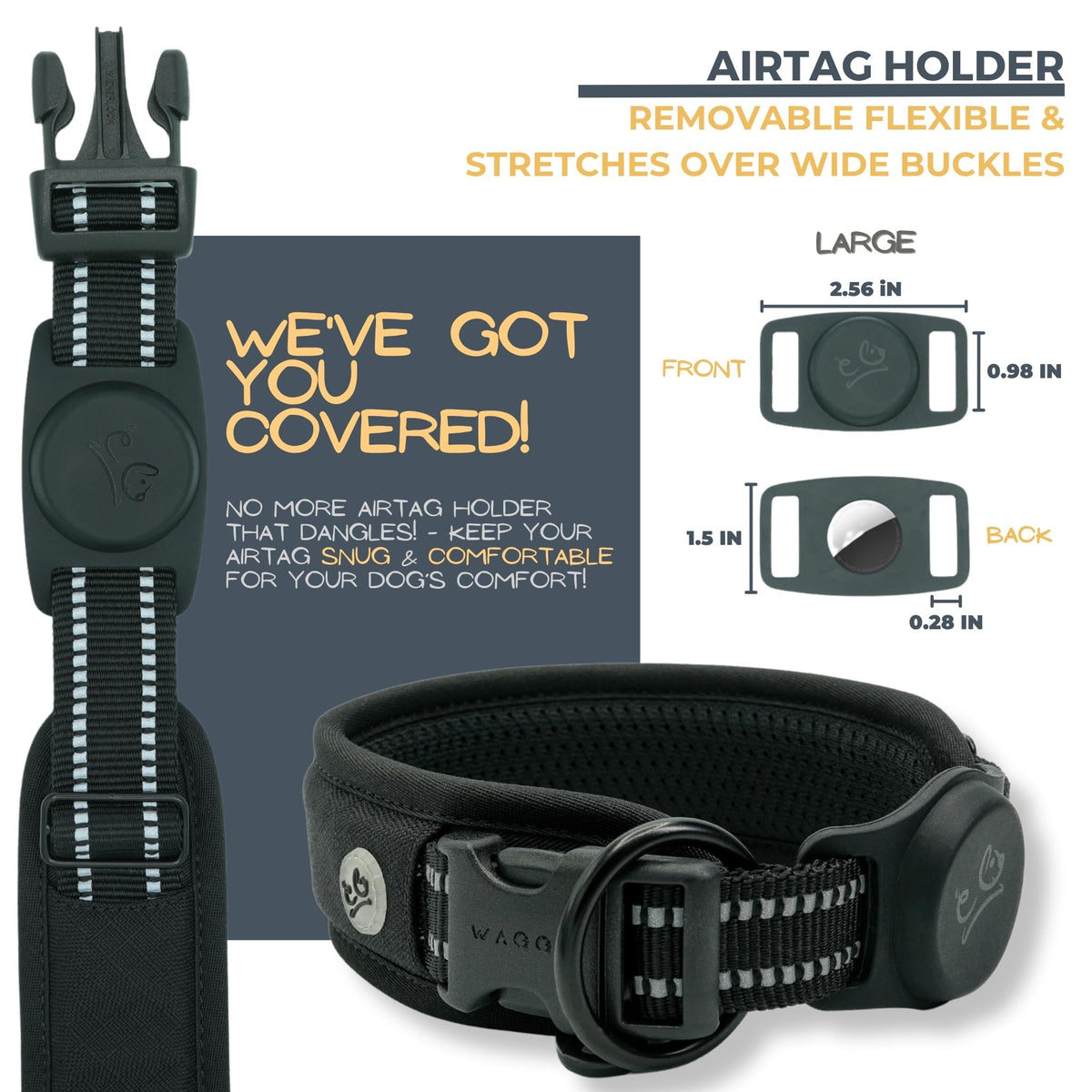 WaggyLife Animal Collar in L (21.7"-25.6"), Black