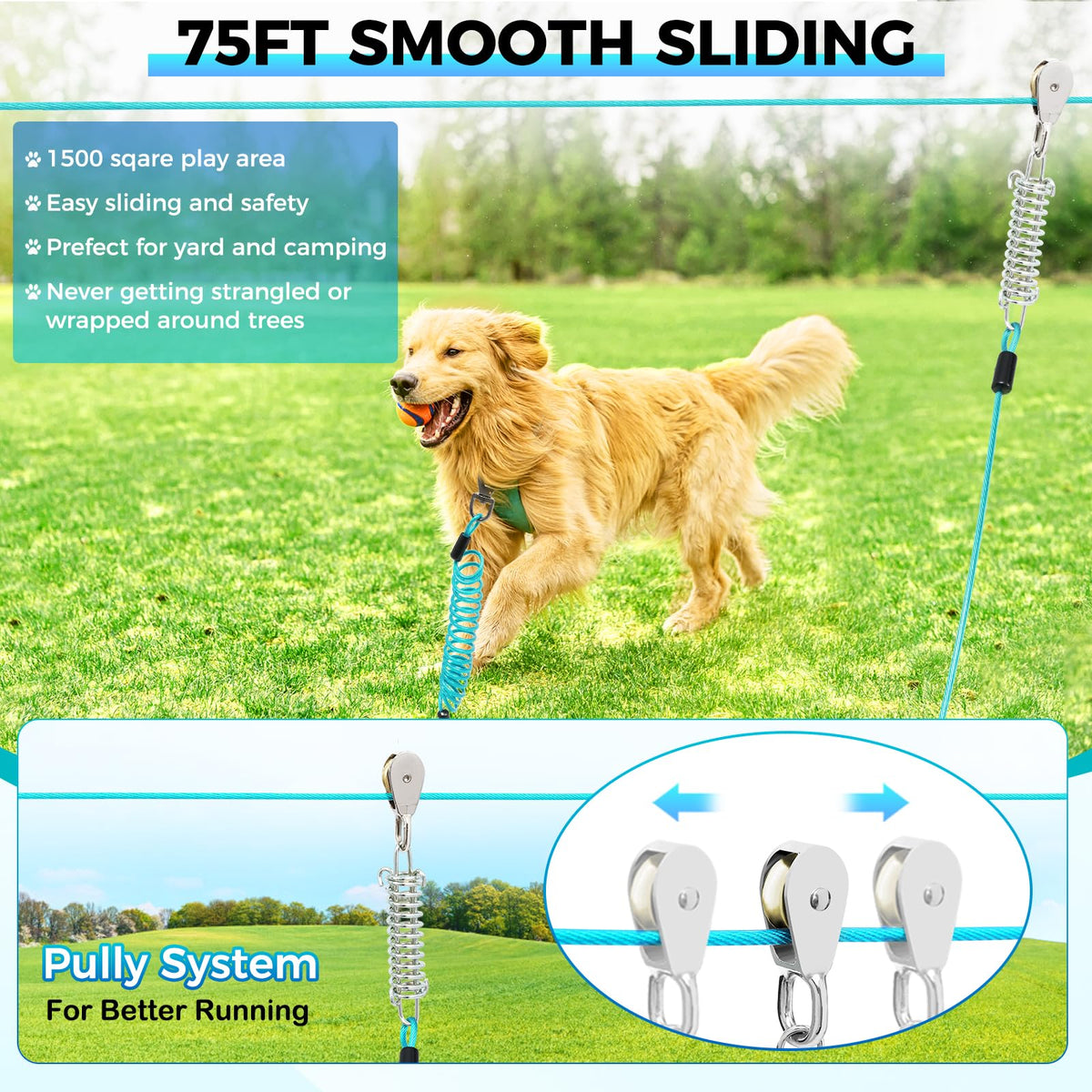 Duckygoo Leash in 75FT+10FT,250LBS, Teal