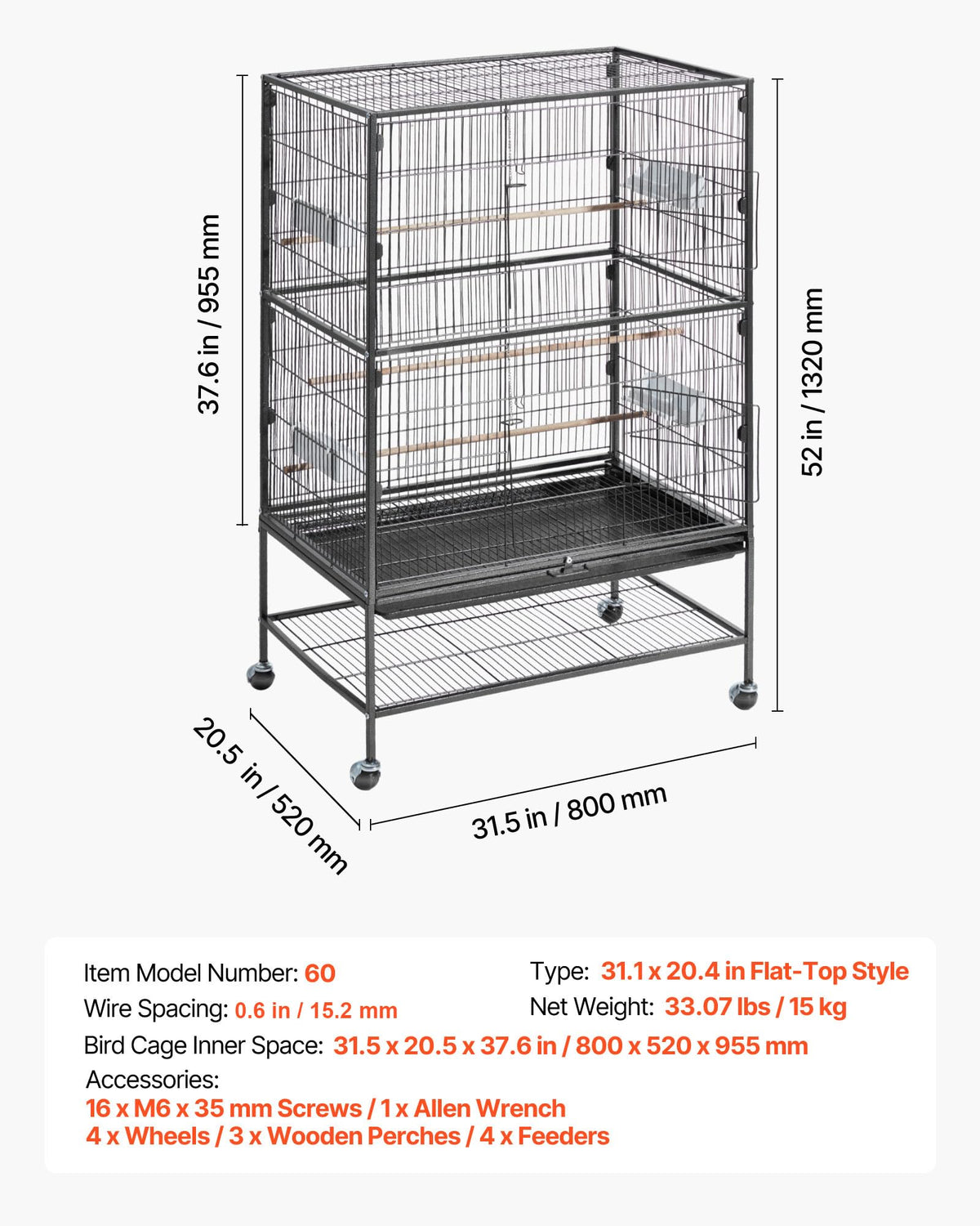 VEVOR Animal Cage in 31.5"L x 20.5"W x 52.0"H, Black