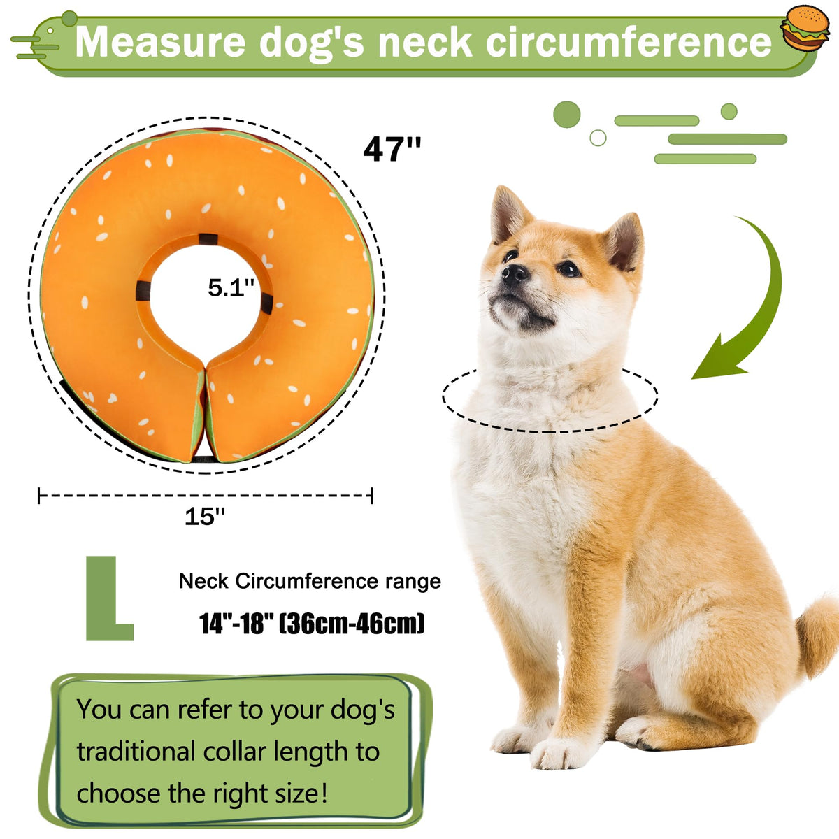 Cneo Animal Recovery Collar Cone in L（neck 14"-18"）, Hamburger