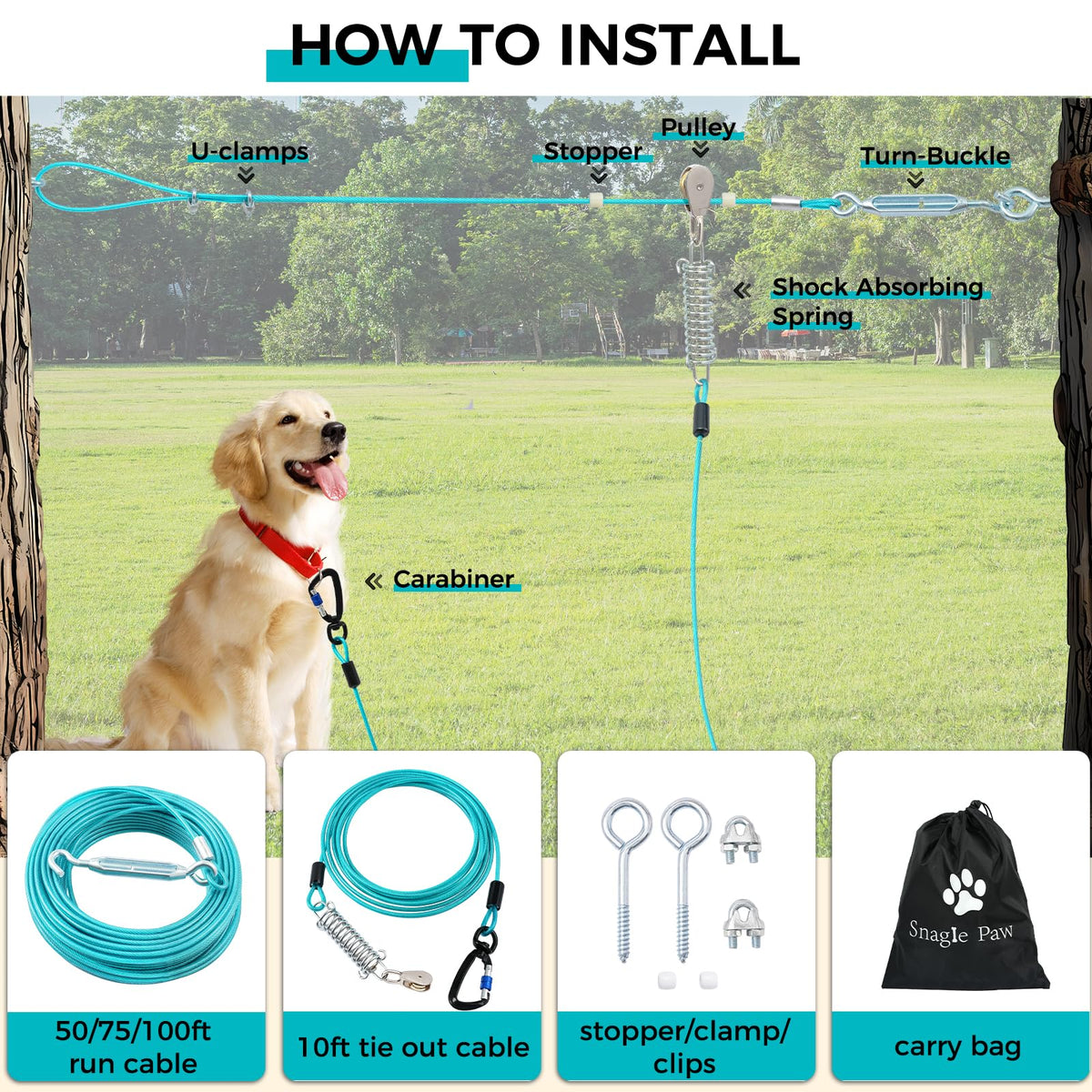 Snagle Paw Leash in 50ft run cable+10ft tie out cable, Teal for 250lbs dogs