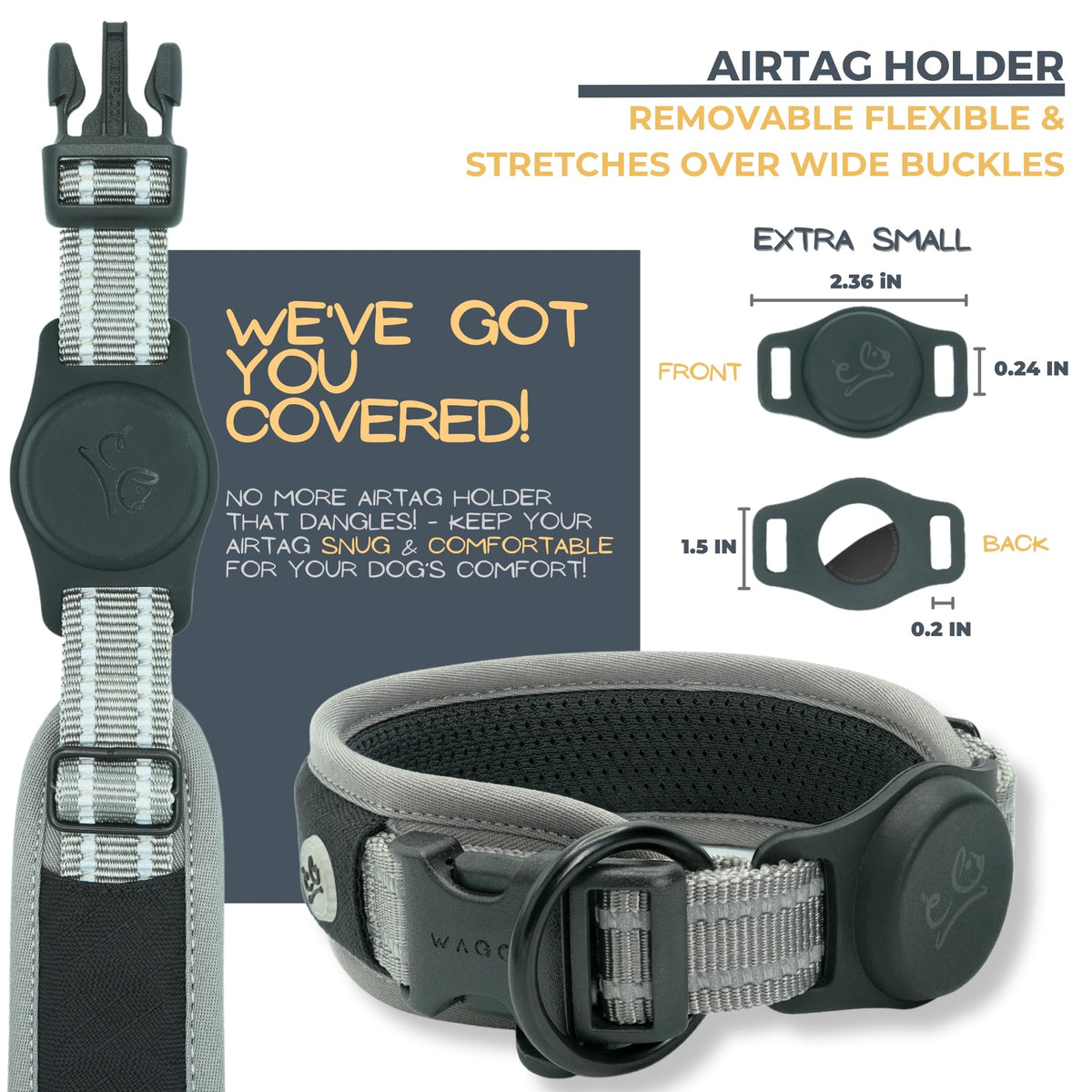 WaggyLife Animal Collar in XS (11.8"-13.8"), Grey