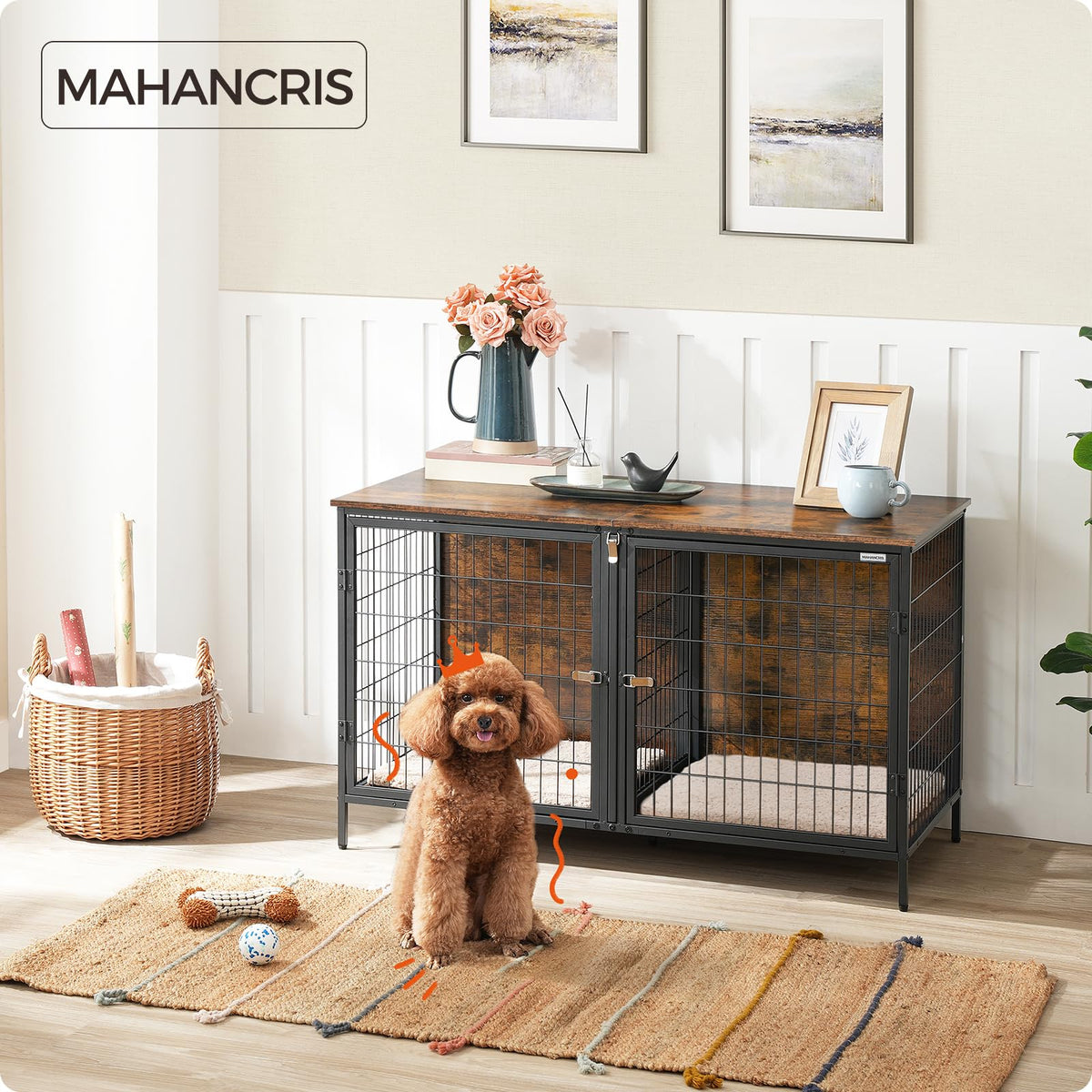 MAHANCRIS Animal Cage in 43.3"L x 21.7"W x 26.4"H, Rustic Brown