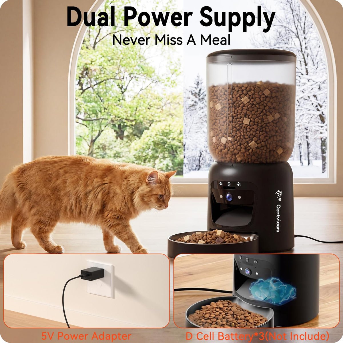 Centvicam Pet Feeder in 6L cat food storage container, Black