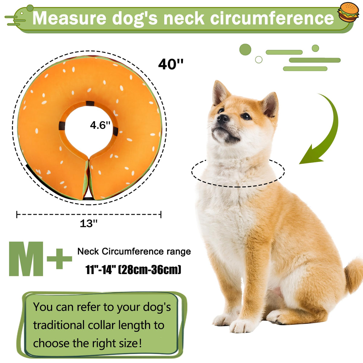 Cneo Animal Recovery Collar Cone in M+（neck 11"-14"）, Hamburger