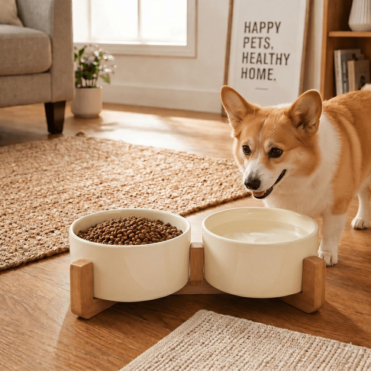 SPUNKYJUNKY Pet Feeder in 3.6 cups, Beige × 2
