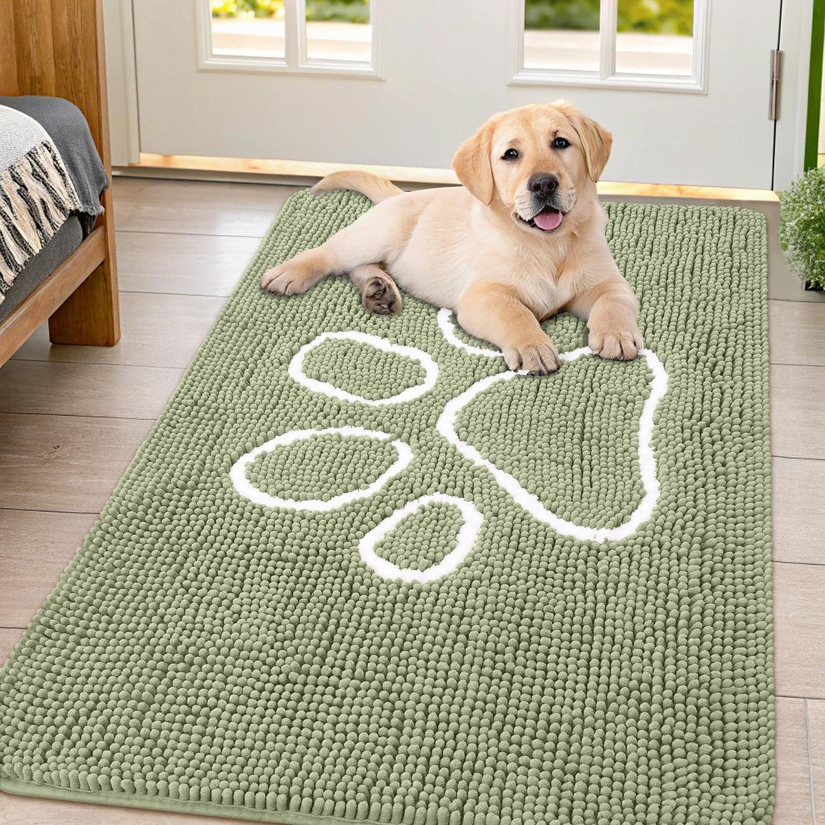Smiry Rug in 47"X32", Sage Green and White