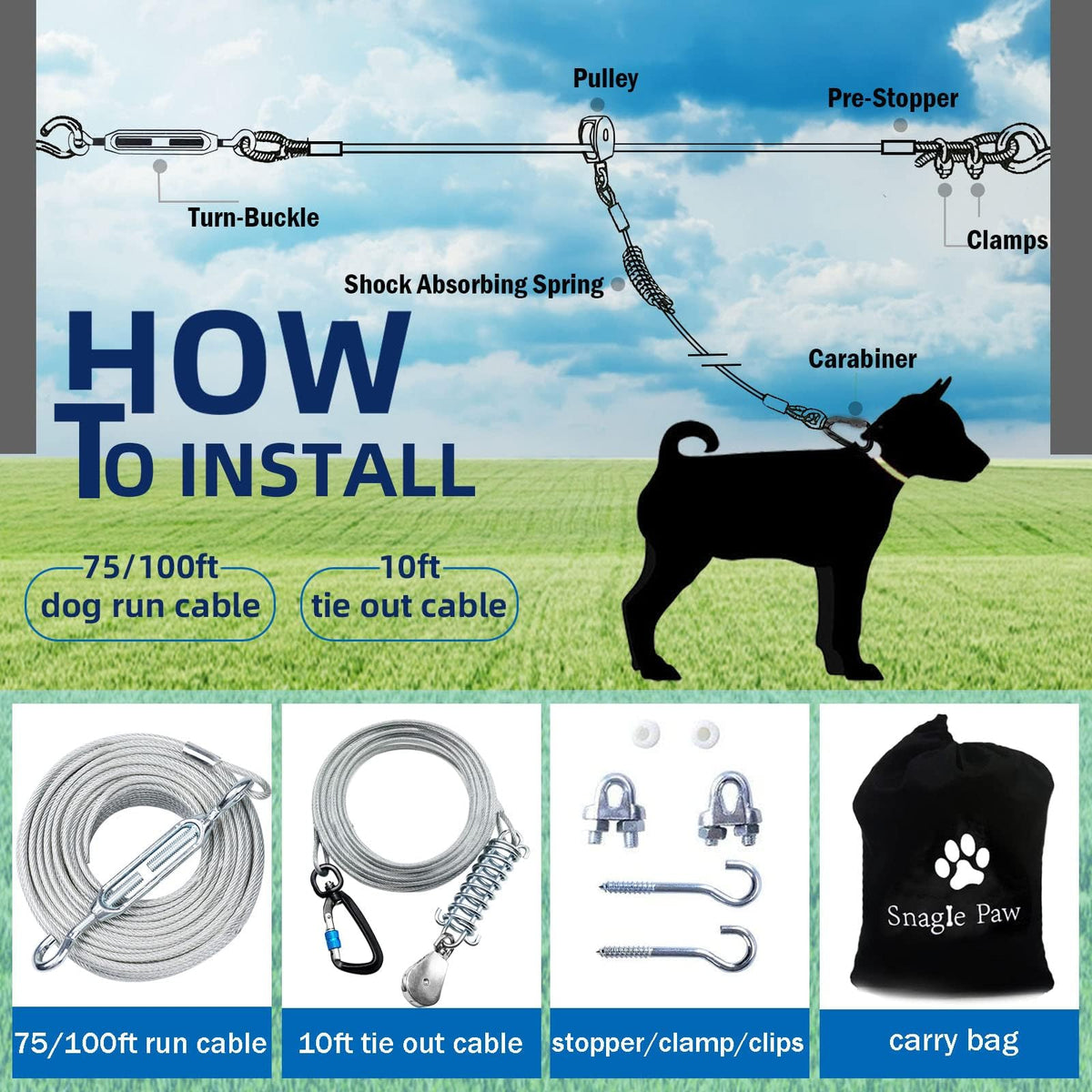Snagle Paw Leash in 100ft run cable+10ft tie out cable, Silver for 250lbs dogs