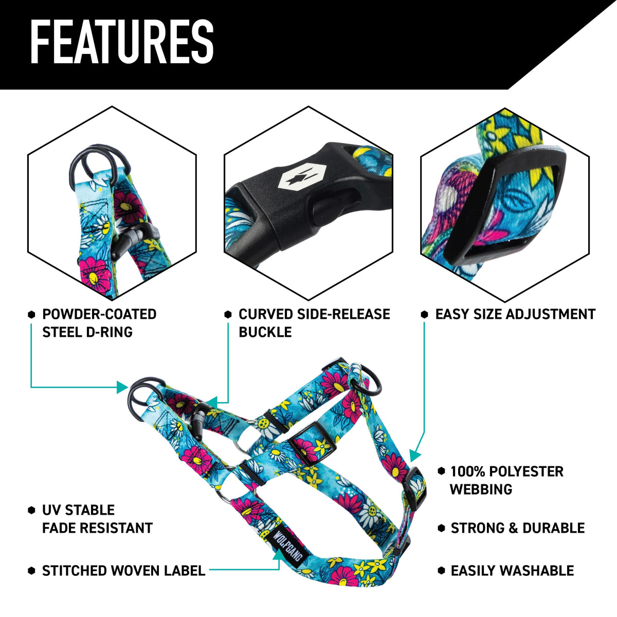 Wolfgang Man & Beast Animal Harness in Small (5/8 Inch x 12-18 Inch), LazyDaisy Print