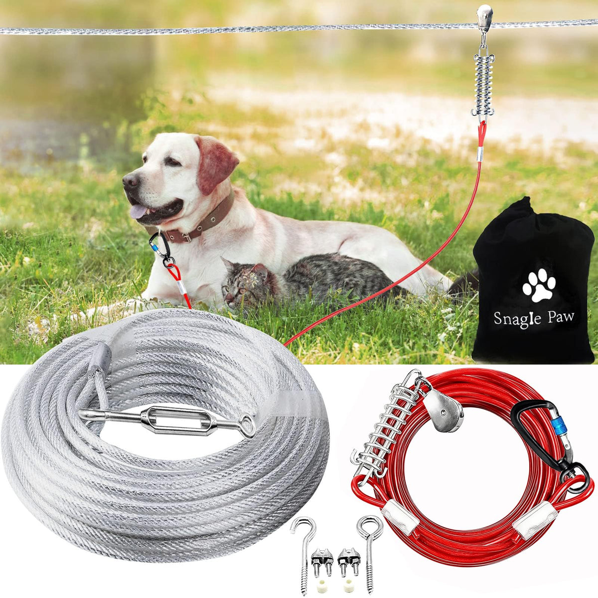 Snagle Paw Leash in 50ft run cable+10ft tie out cable, Red for 250lbs dogs