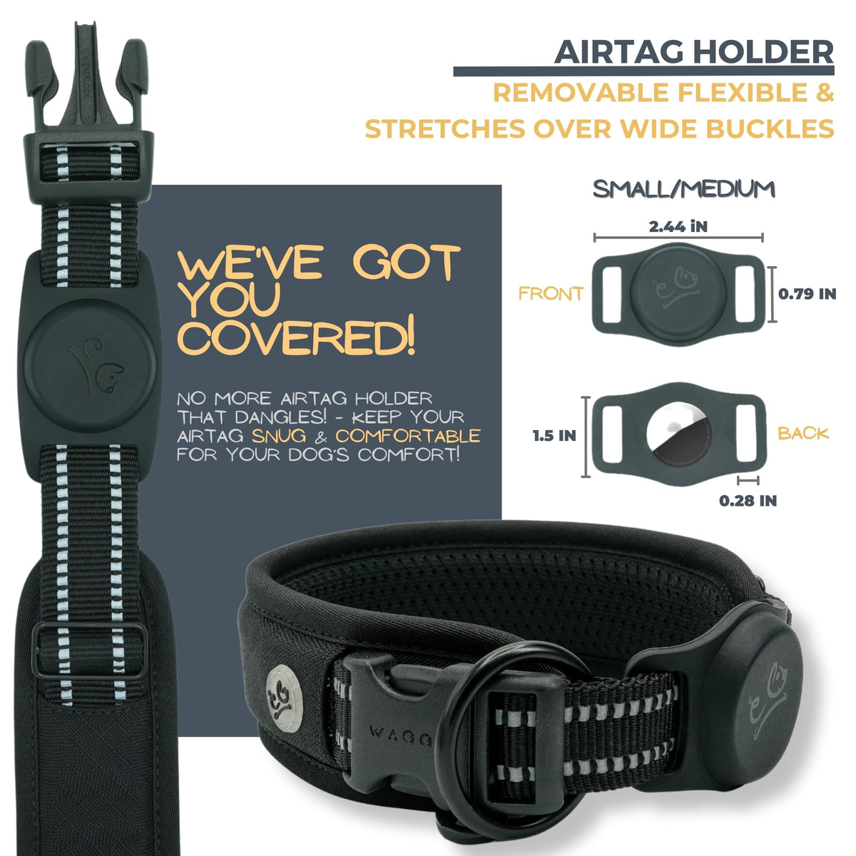 WaggyLife Animal Collar in S (13.8"-17.7"), Black