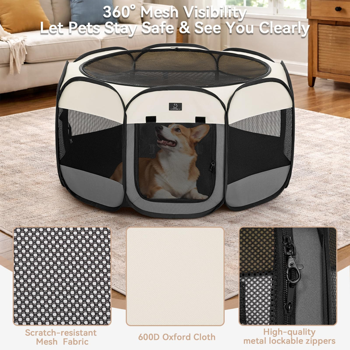 A 4 Pet Pet Playpen in S(29.92"x29.92"x16.5"), Grey+Beige