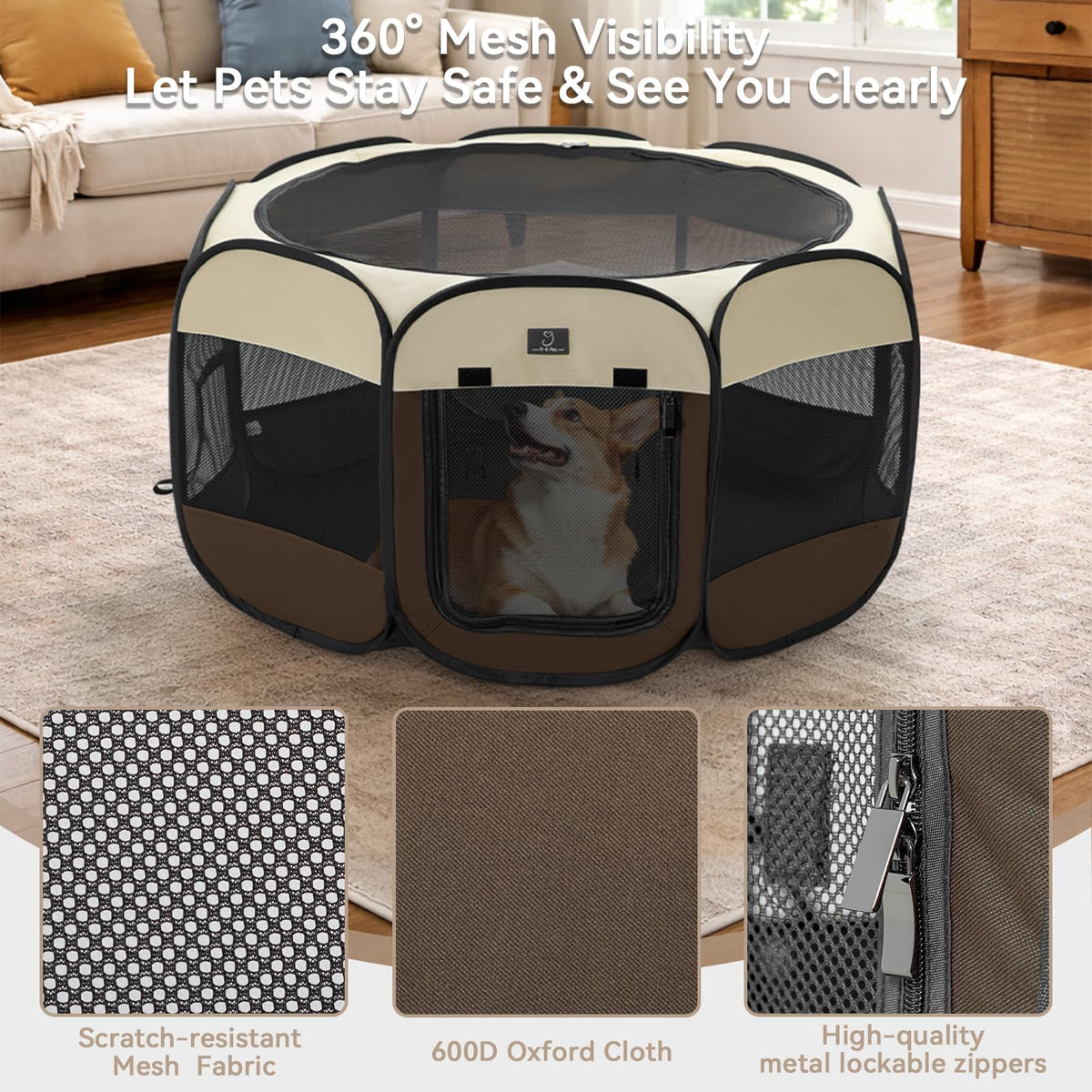 A 4 Pet Pet Playpen in S(29.92"x29.92"x16.5"), Brown+Beige