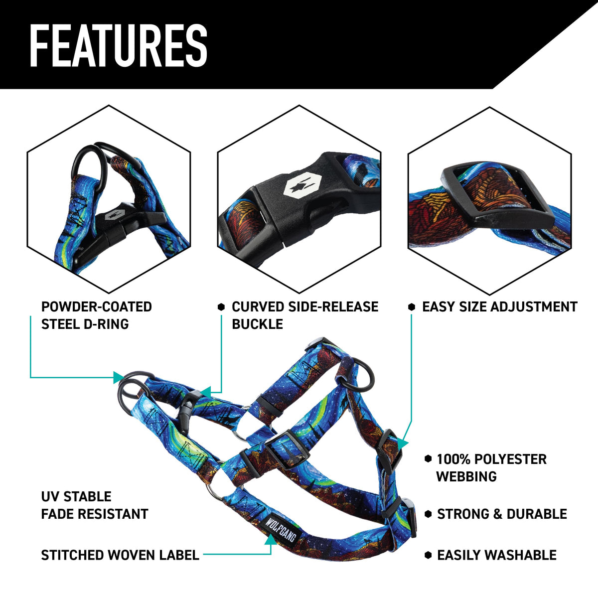 Wolfgang Man & Beast Animal Harness in Small (5/8 Inch x 12-18 Inch), StarryWolf Print