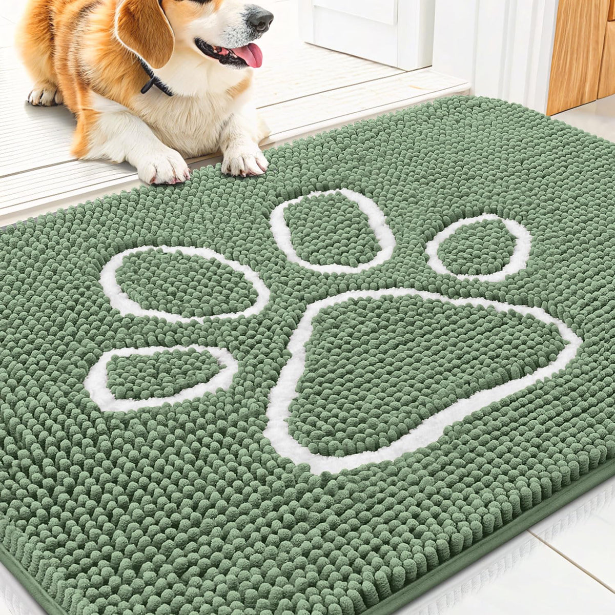 Smiry Rug in 30"X20", Olive Green and White