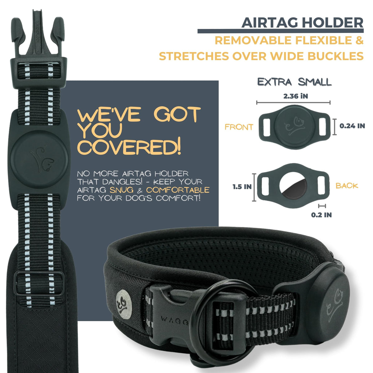 WaggyLife Animal Collar in XS (11.8"-13.8"), Black
