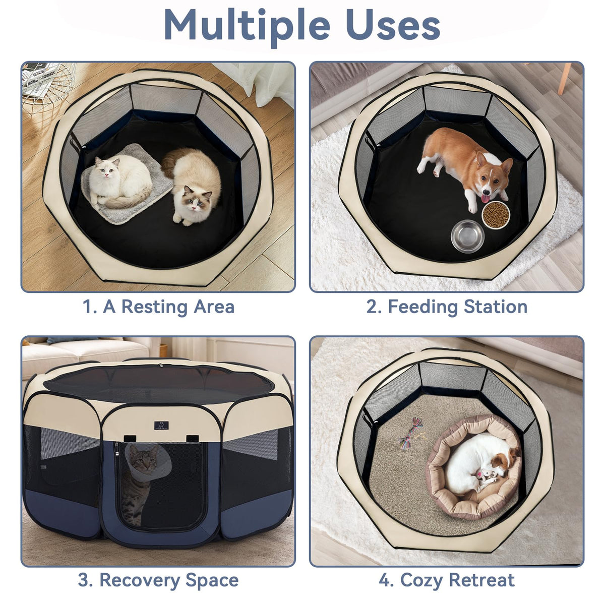 A 4 Pet Pet Playpen in M(40.55"x40.55"x20.5"), Blue+Beige