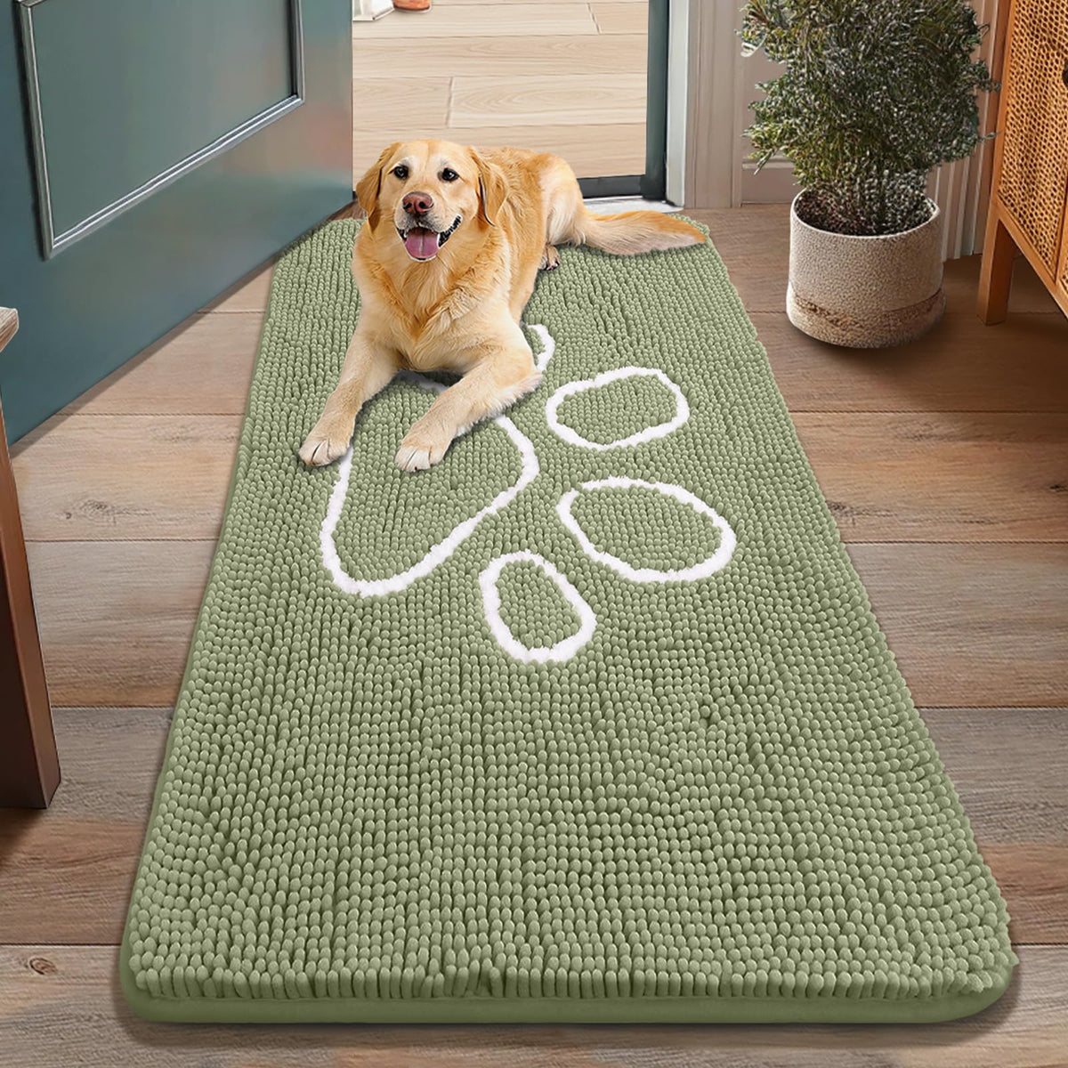 Smiry Rug in 48"X30", Sage Green and White