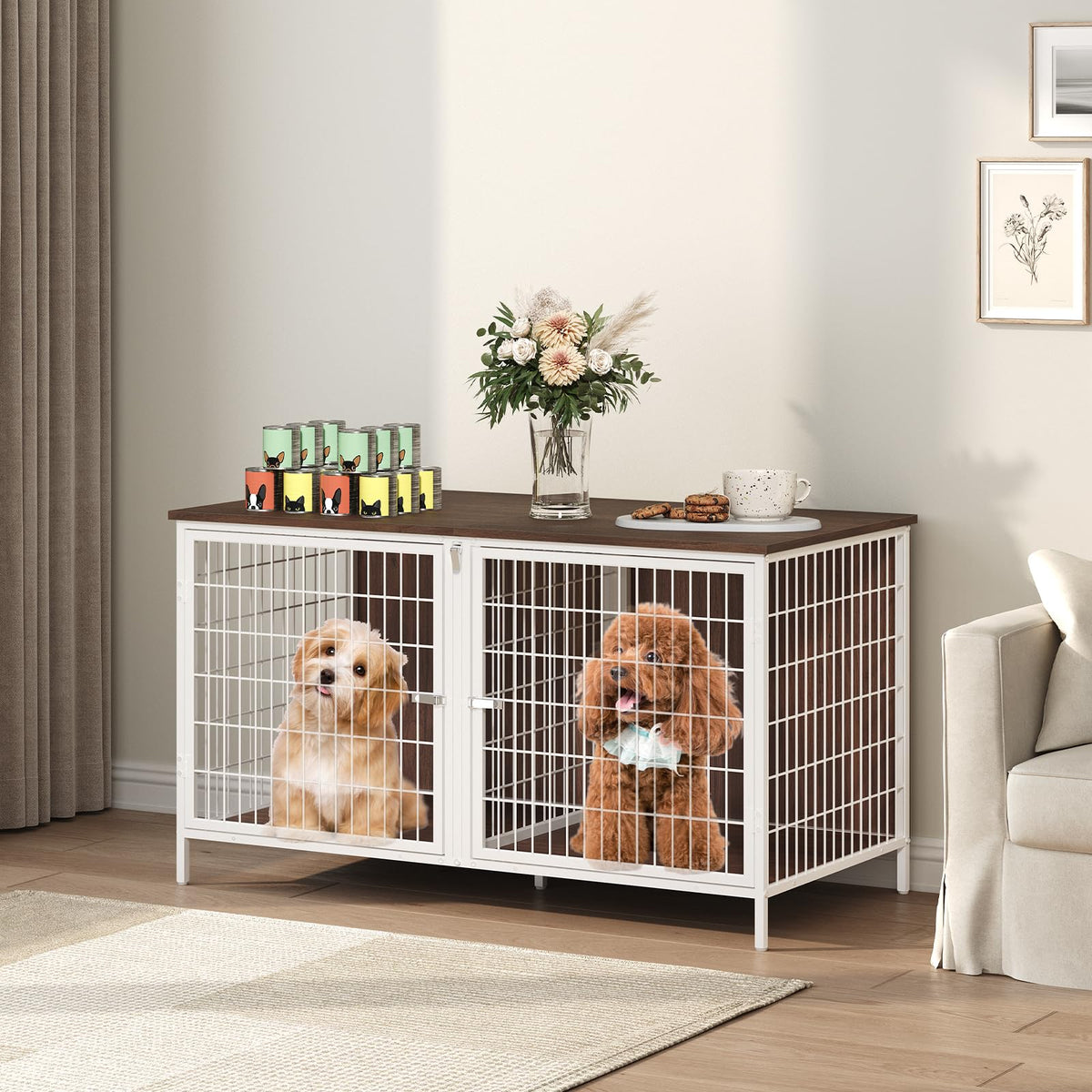 MAHANCRIS Animal Cage in 43.3"L x 21.7"W x 26.4"H, White and Walnut