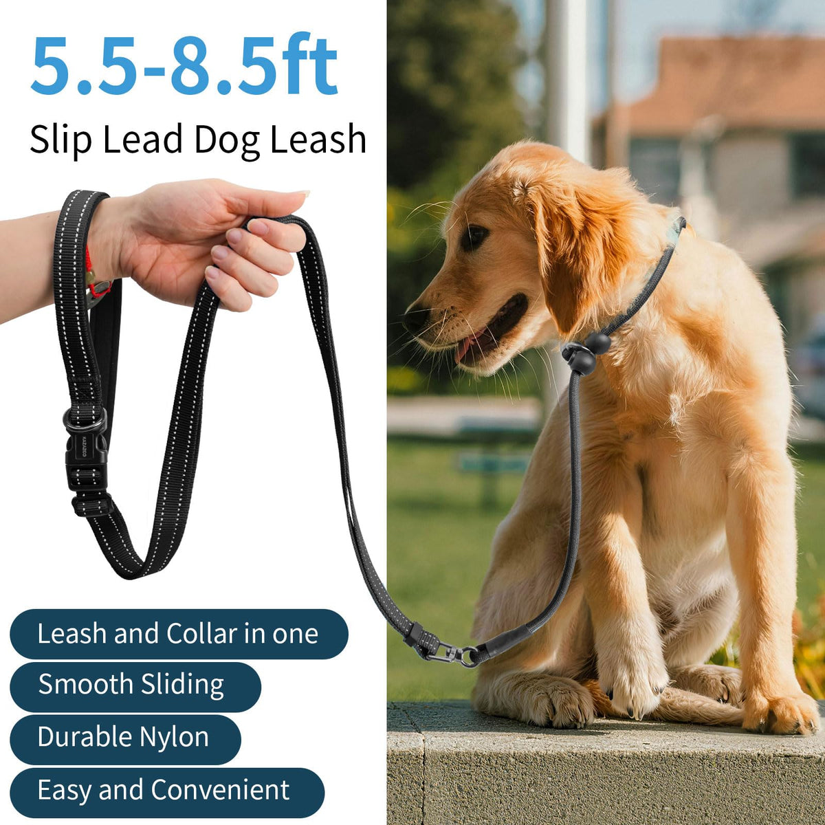 kazazoo Leash in Adjustable, 5.5ft to 8.5ft, Black