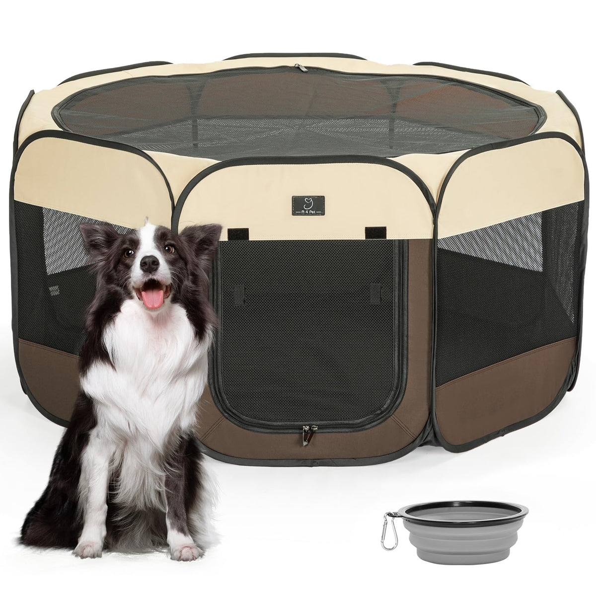 A 4 Pet Pet Playpen in L(50.39"x50.39"x25"), Brown+Beige