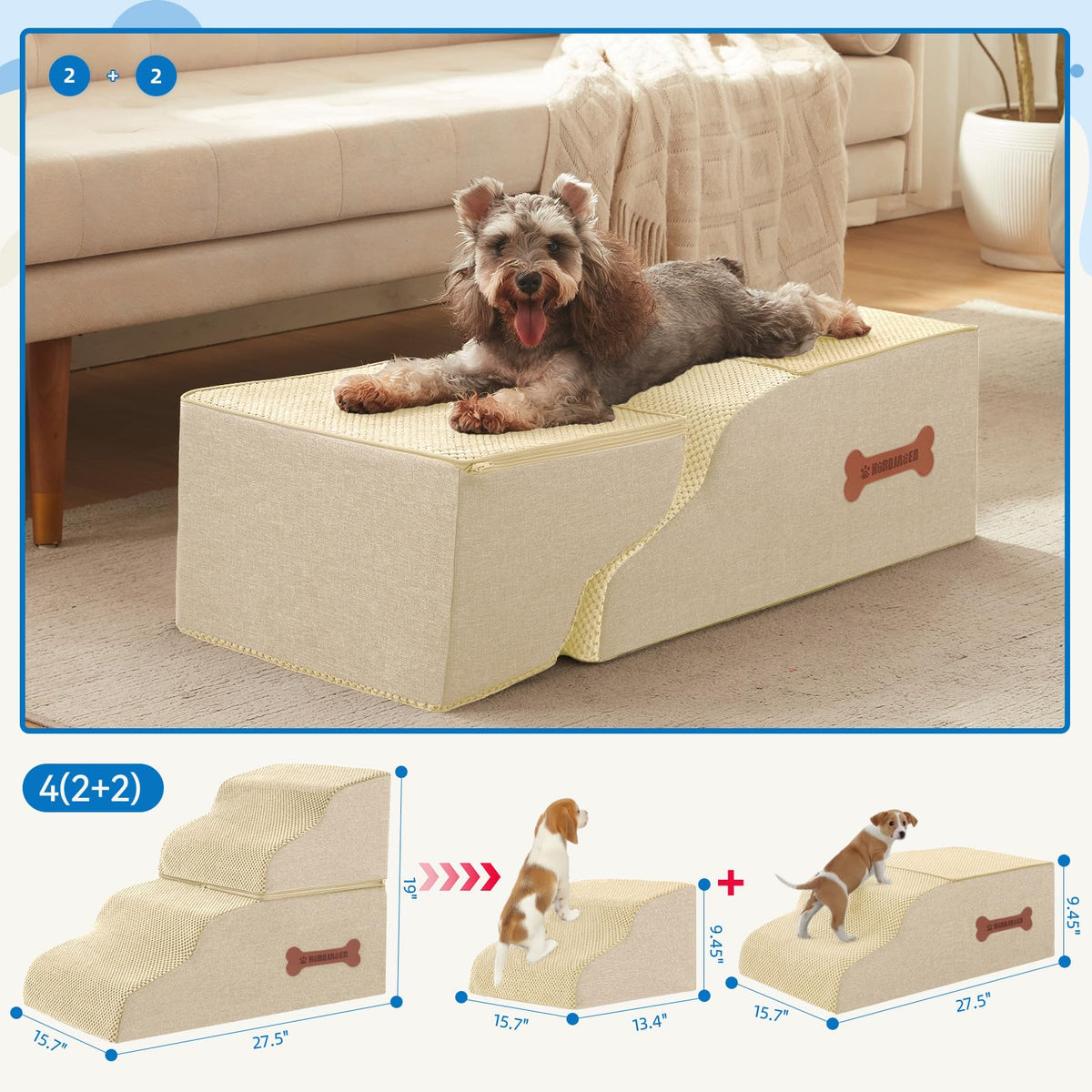 Nordjager Animal Stair in 27.5"D x 15.7"W x 19"H, Beige