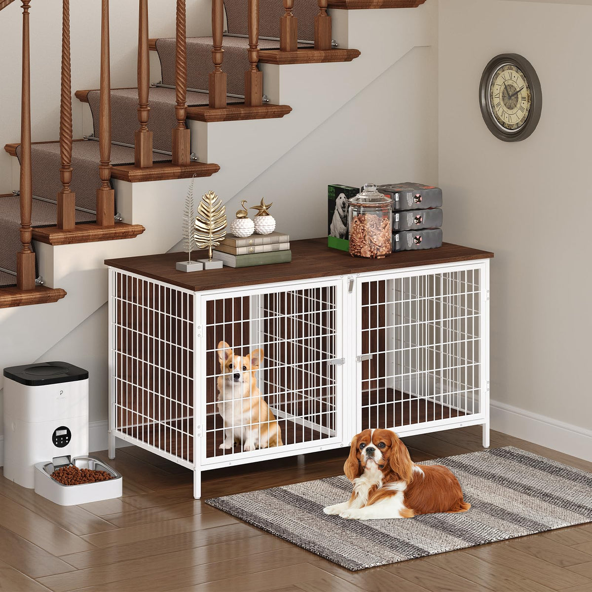 MAHANCRIS Animal Cage in 43.3"L x 21.7"W x 26.4"H, White and Walnut
