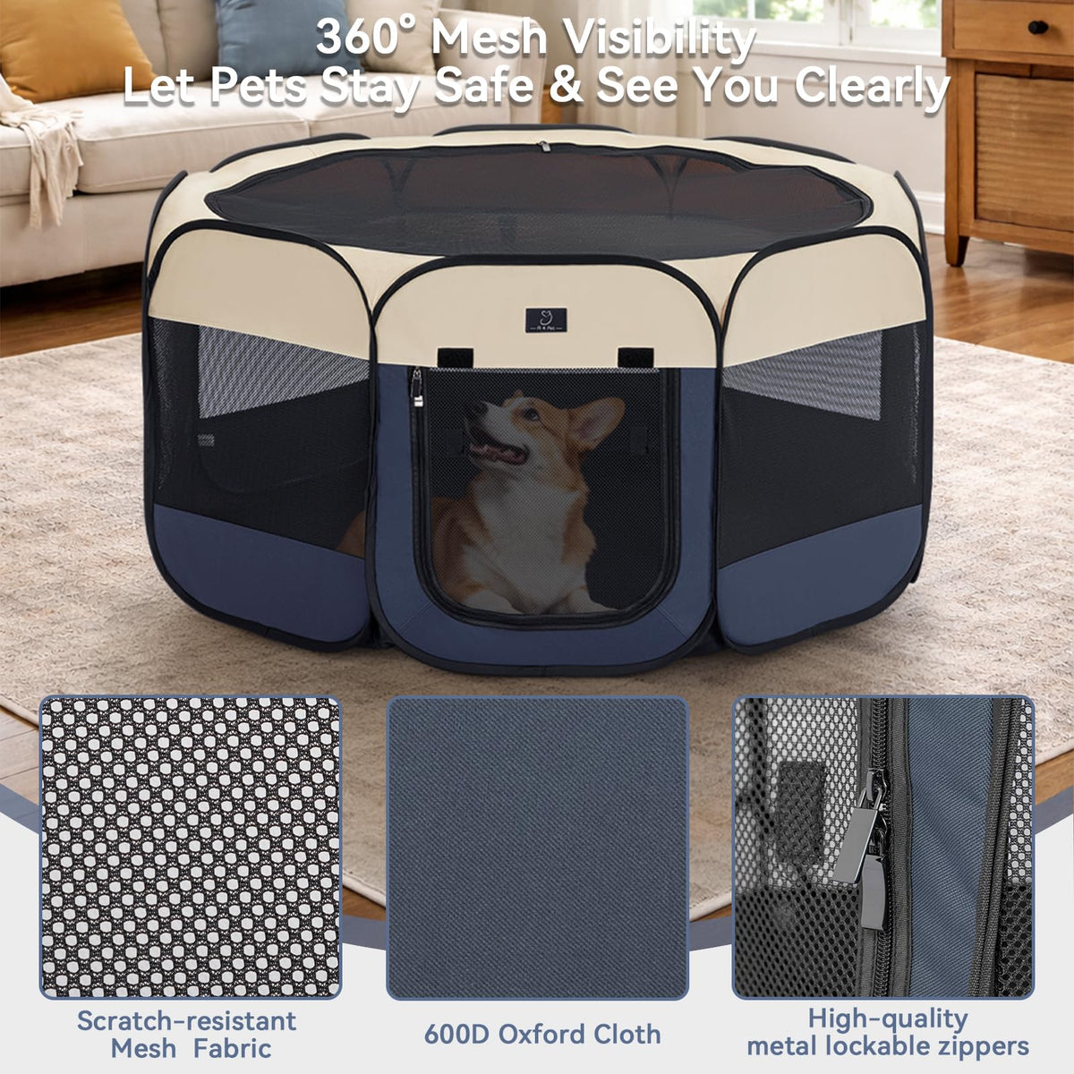 A 4 Pet Pet Playpen in M(40.55"x40.55"x20.5"), Blue+Beige